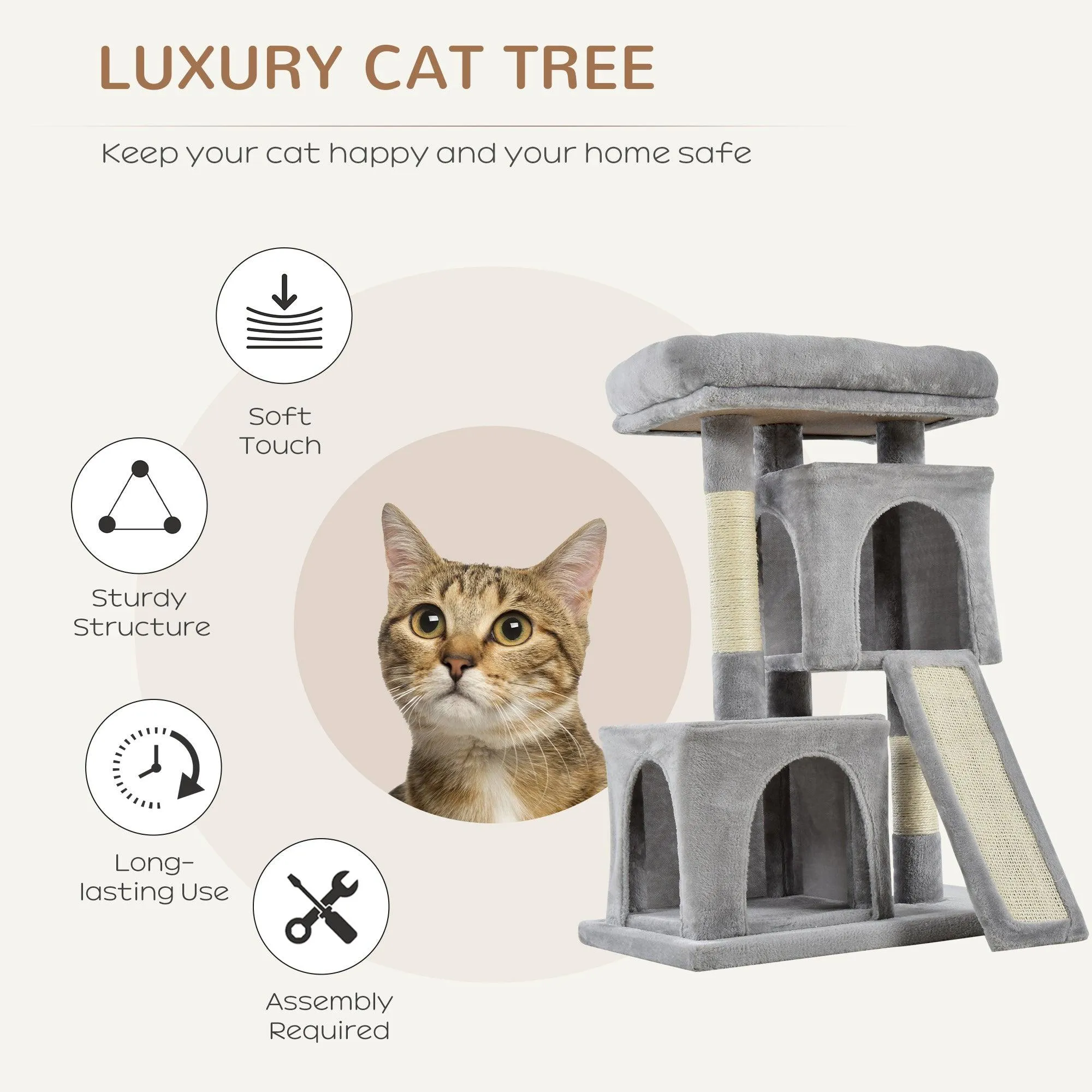 3-Tier Cat Leisure Tree, 83cm - Light Grey