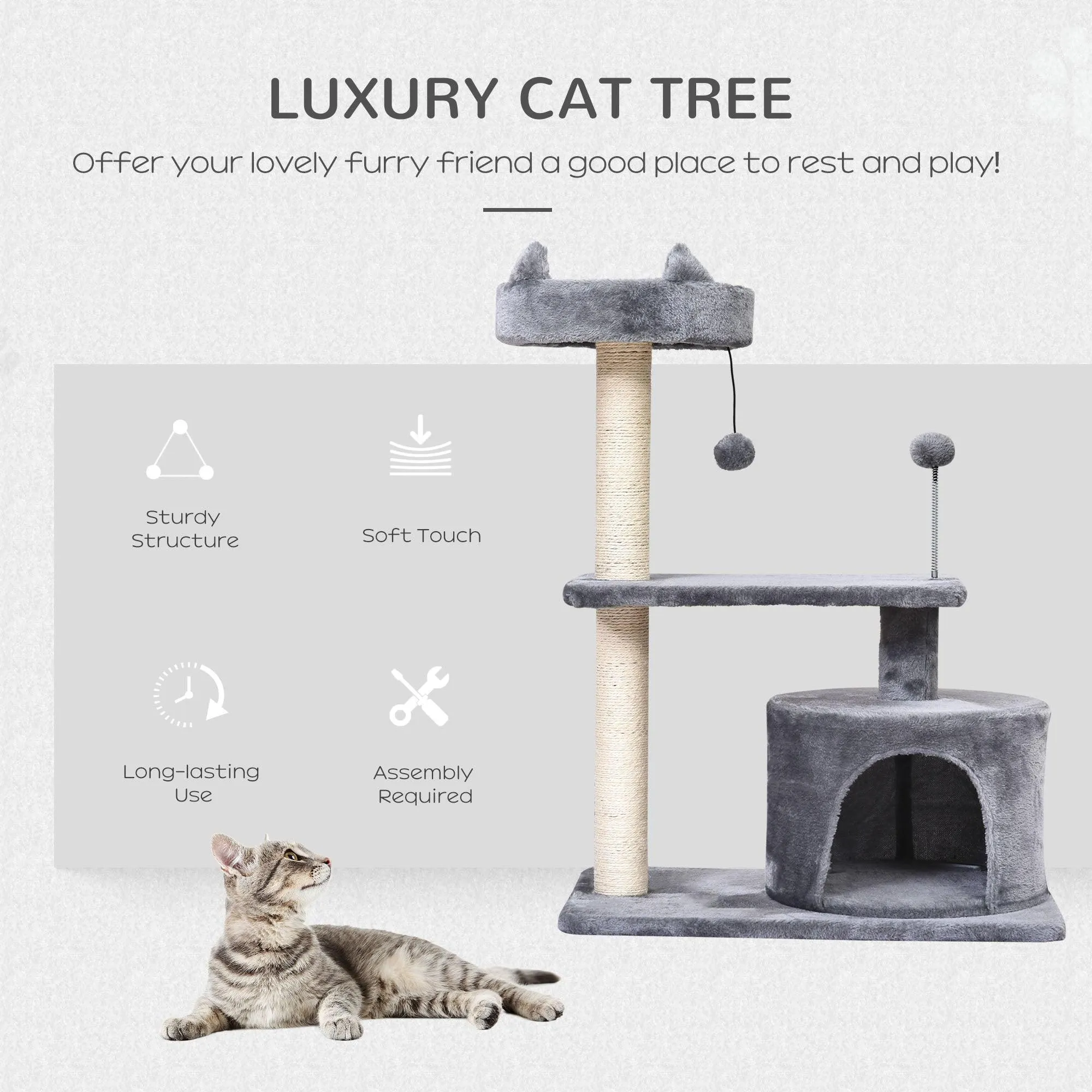 3-Tier Cat Tower w/ Hide-Away House, 81cm - Grey