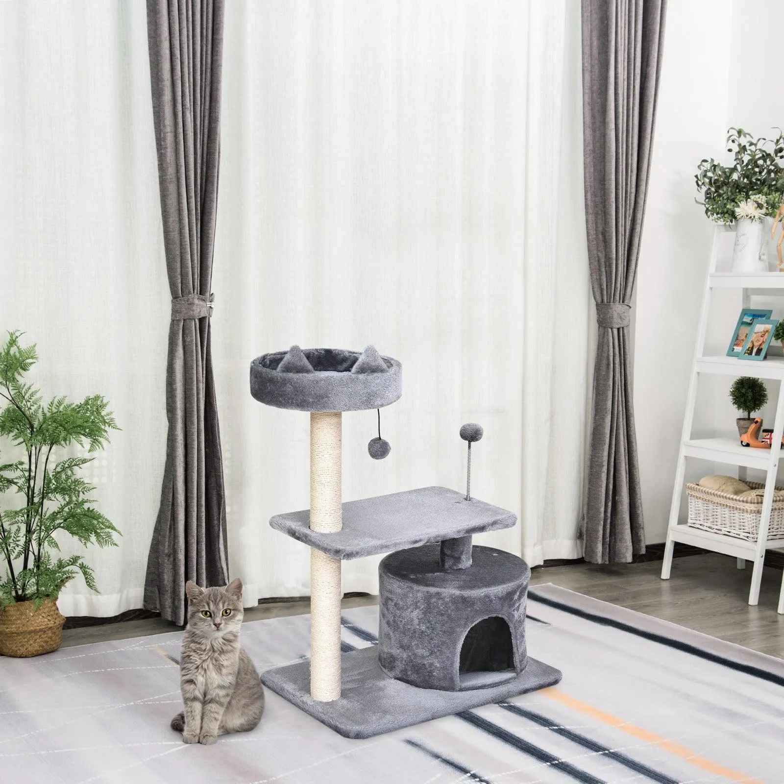 3-Tier Cat Tower w/ Hide-Away House, 81cm - Grey