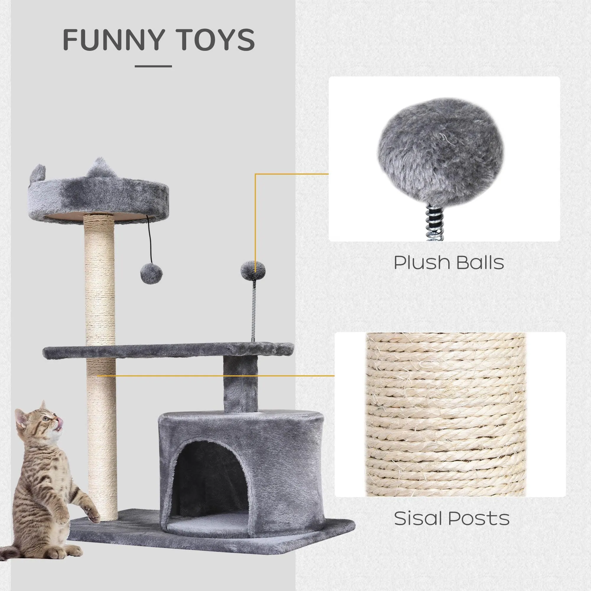 3-Tier Cat Tower w/ Hide-Away House, 81cm - Grey