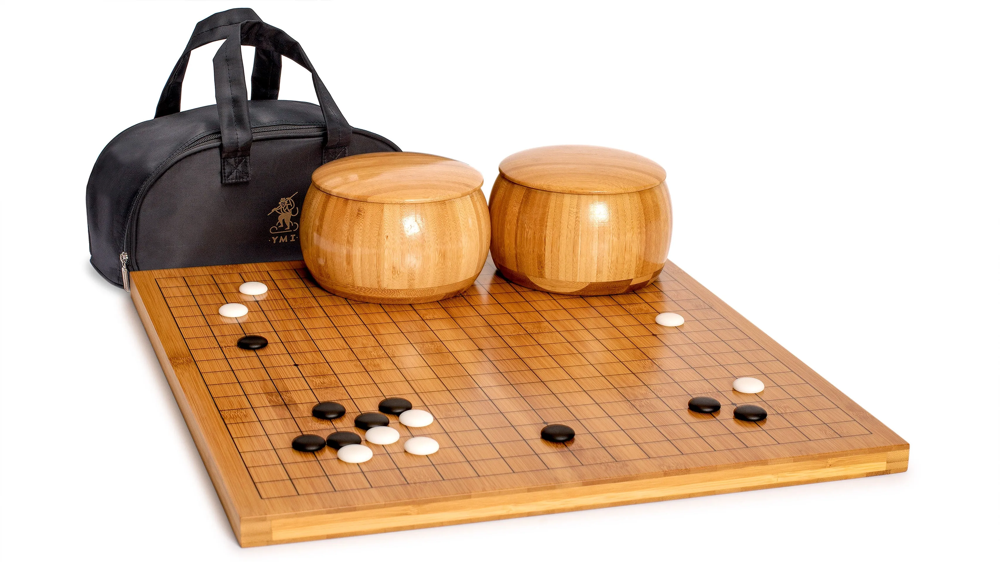 Bamboo 0.8" Reversible 19x19 / 13x13 Go Game Set Board with Single Convex Yunzi Stones and Bamboo Bowls