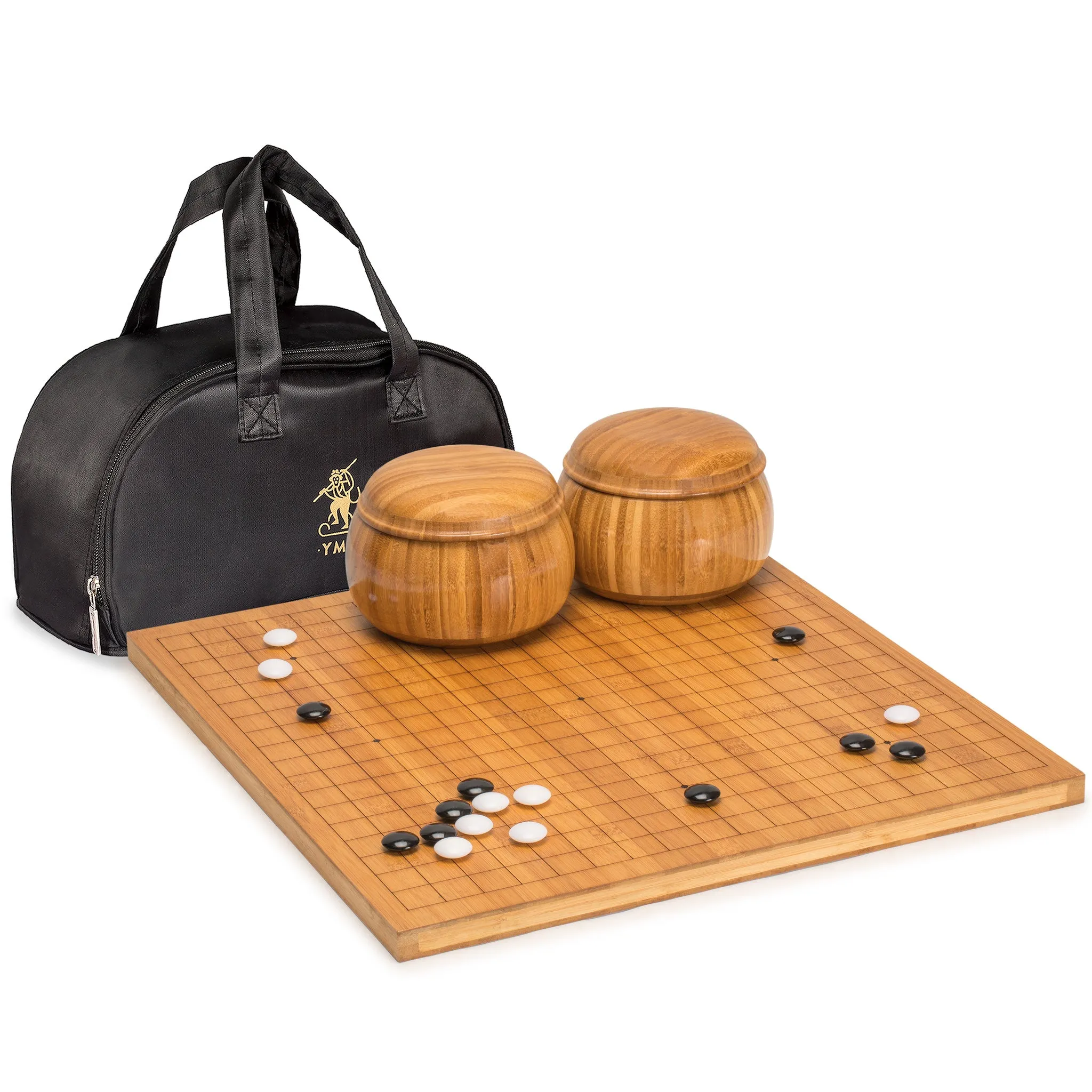 Bamboo Etched Reversible 19x19 / 13x13 Go Game Set Board (0.8-Inch) with Double Convex Melamine Stones and Bamboo Bowls