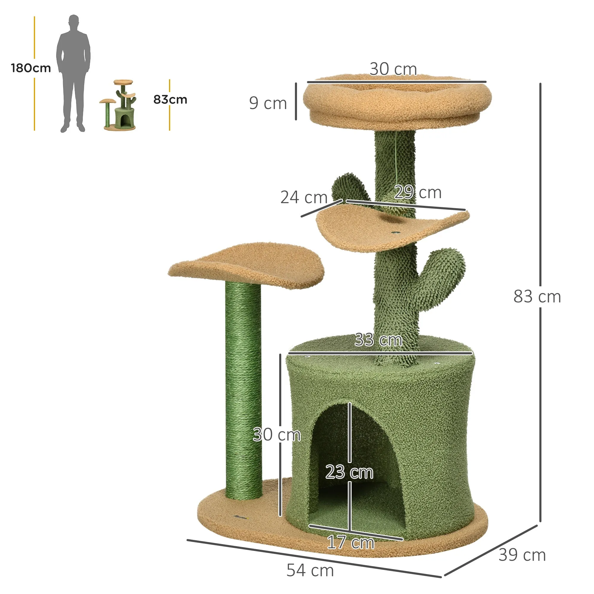 Cactus Cat Tree 83cm Cat Climbing Tower Kitten Activity Centre w/ Cat House, Bed, Sisal Scratching Post, Hanging Toy Ball - Green