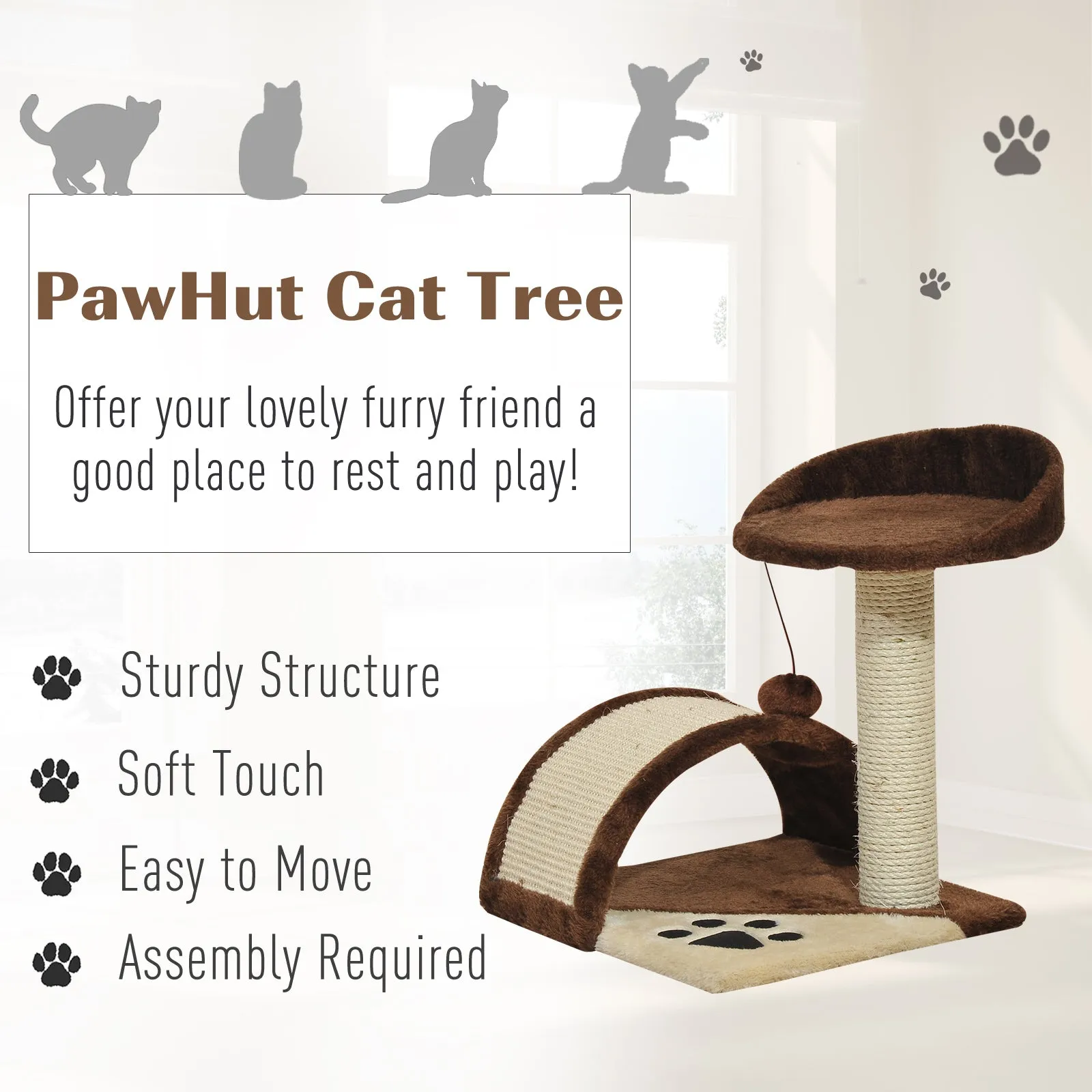 Cat Scratching Post for Indoor Cats, Cat Tree Scratching Scratcher Post Kitten Activity Centre Climber Hanging Ball Brown