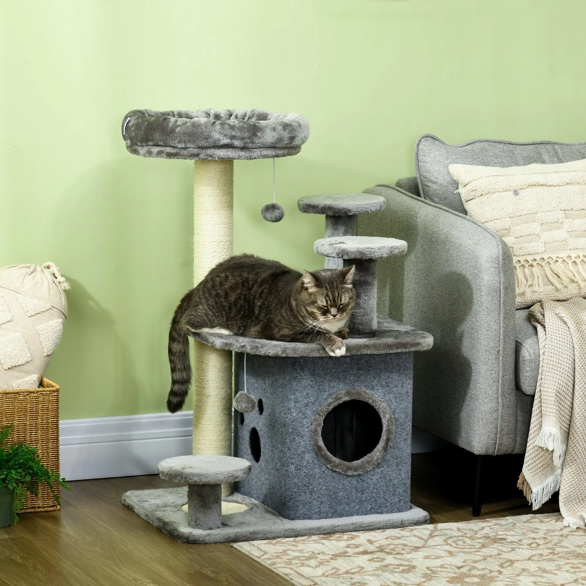 Cat Tower with Scratching Posts, Bed, House, 92cm - Grey