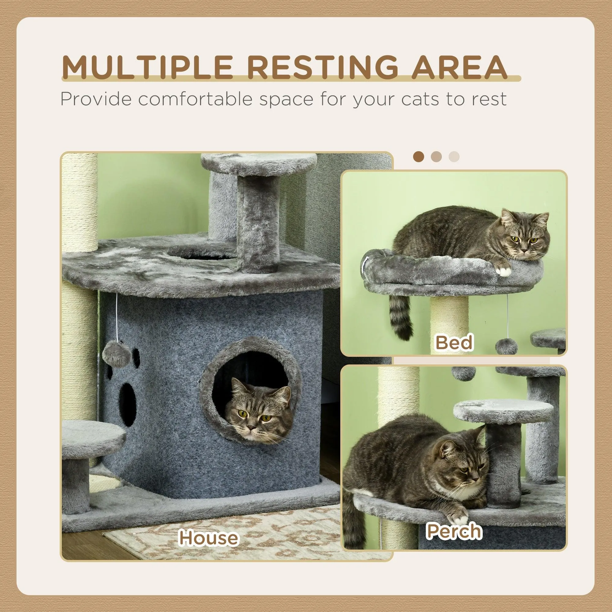 Cat Tower with Scratching Posts, Bed, House, 92cm - Grey