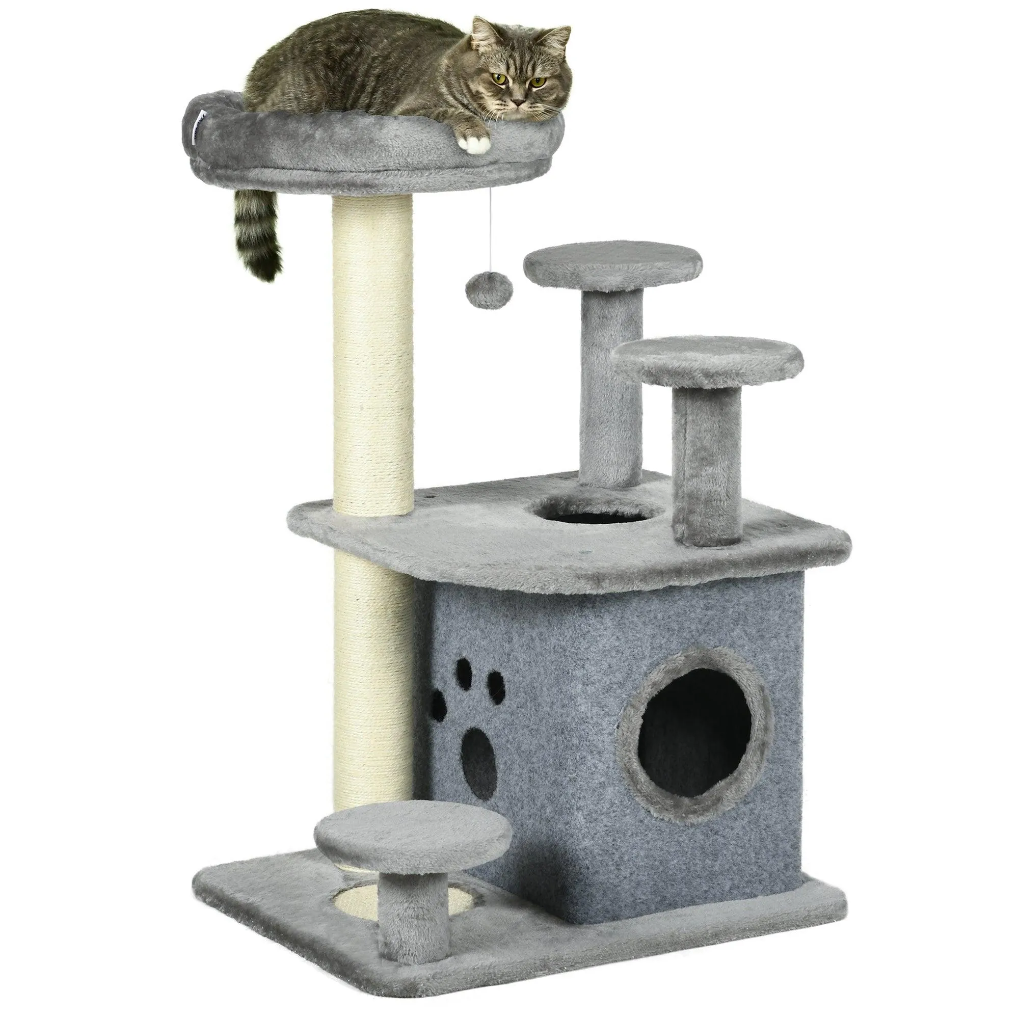 Cat Tower with Scratching Posts, Bed, House, 92cm - Grey