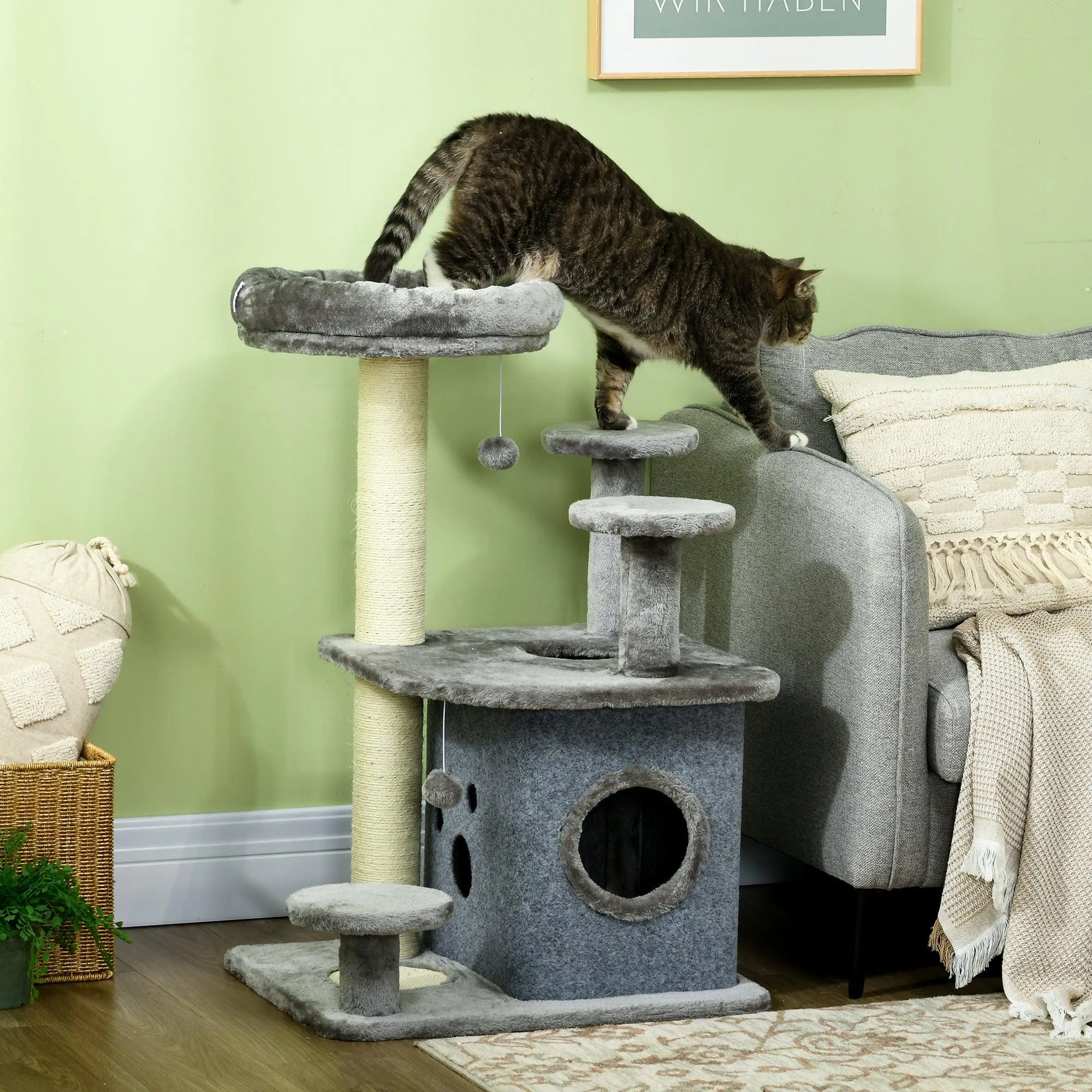 Cat Tower with Scratching Posts, Bed, House, 92cm - Grey