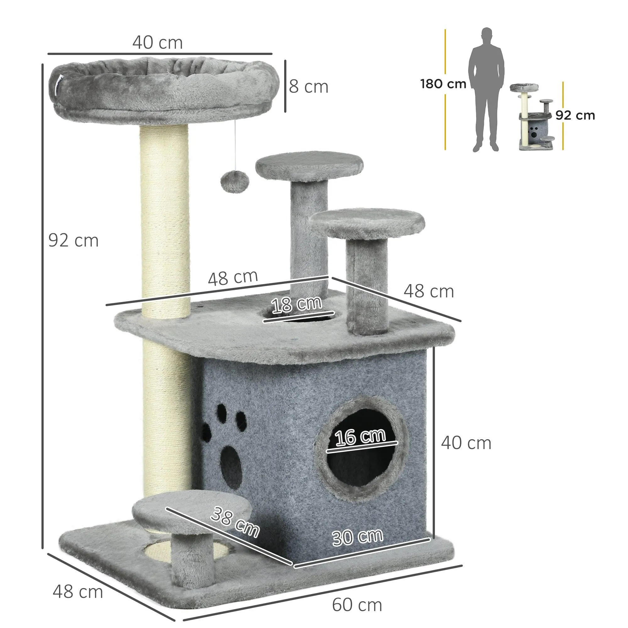 Cat Tower with Scratching Posts, Bed, House, 92cm - Grey