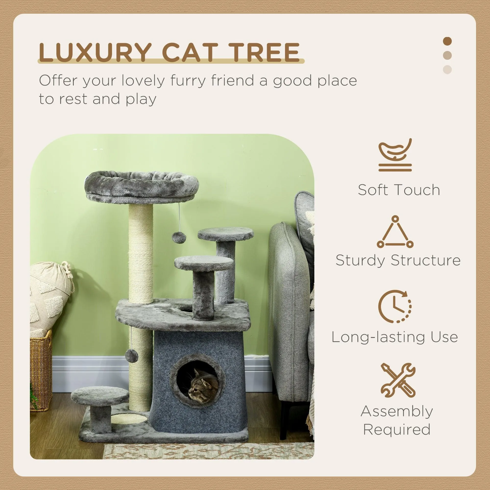 Cat Tower with Scratching Posts, Bed, House, 92cm - Grey