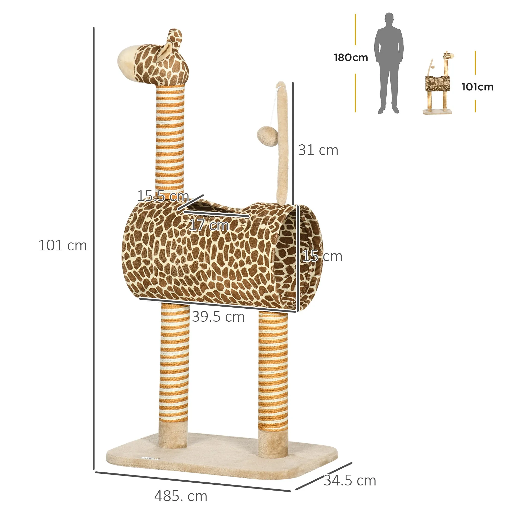 Cat Tree for Indoor Cats Cute Giraffe Kitten Play Tower w/ Scratching Posts, Tunnel, Toy Ball, 48.5 x 34.5 x 101cm - Beige