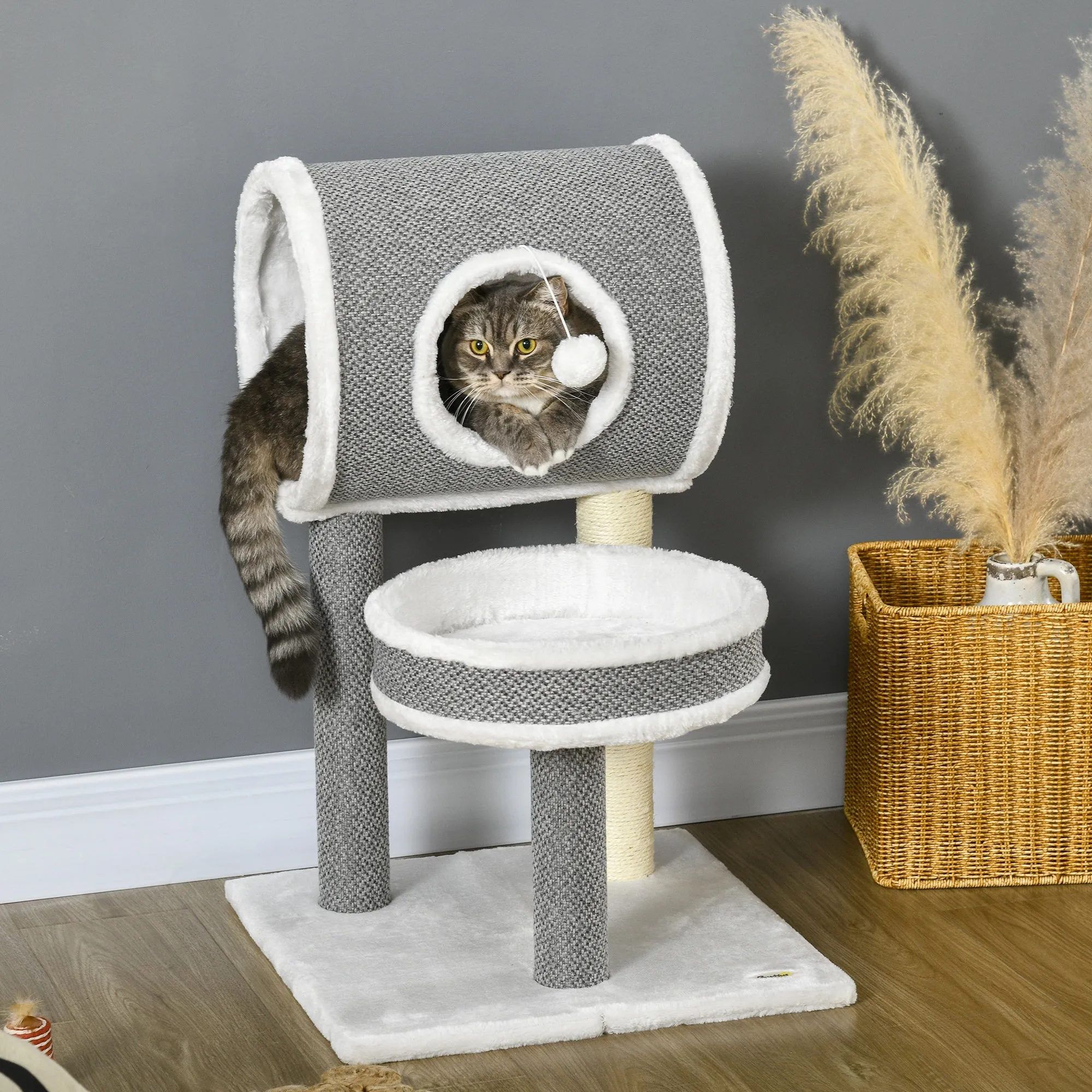 Cat Tree for Indoor Cats with Scratching Post, Bed, Tunnel, Toy Ball, 48 x 48 x 73 cm, White