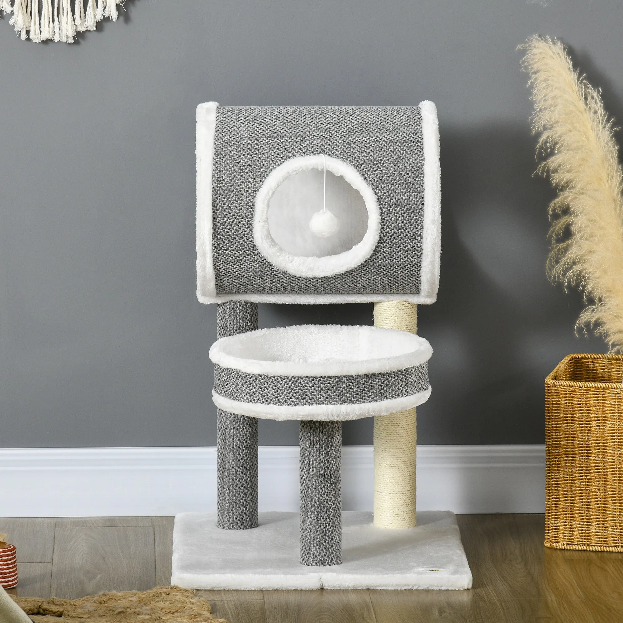 Cat Tree for Indoor Cats with Scratching Post, Bed, Tunnel, Toy Ball, 48 x 48 x 73 cm, White