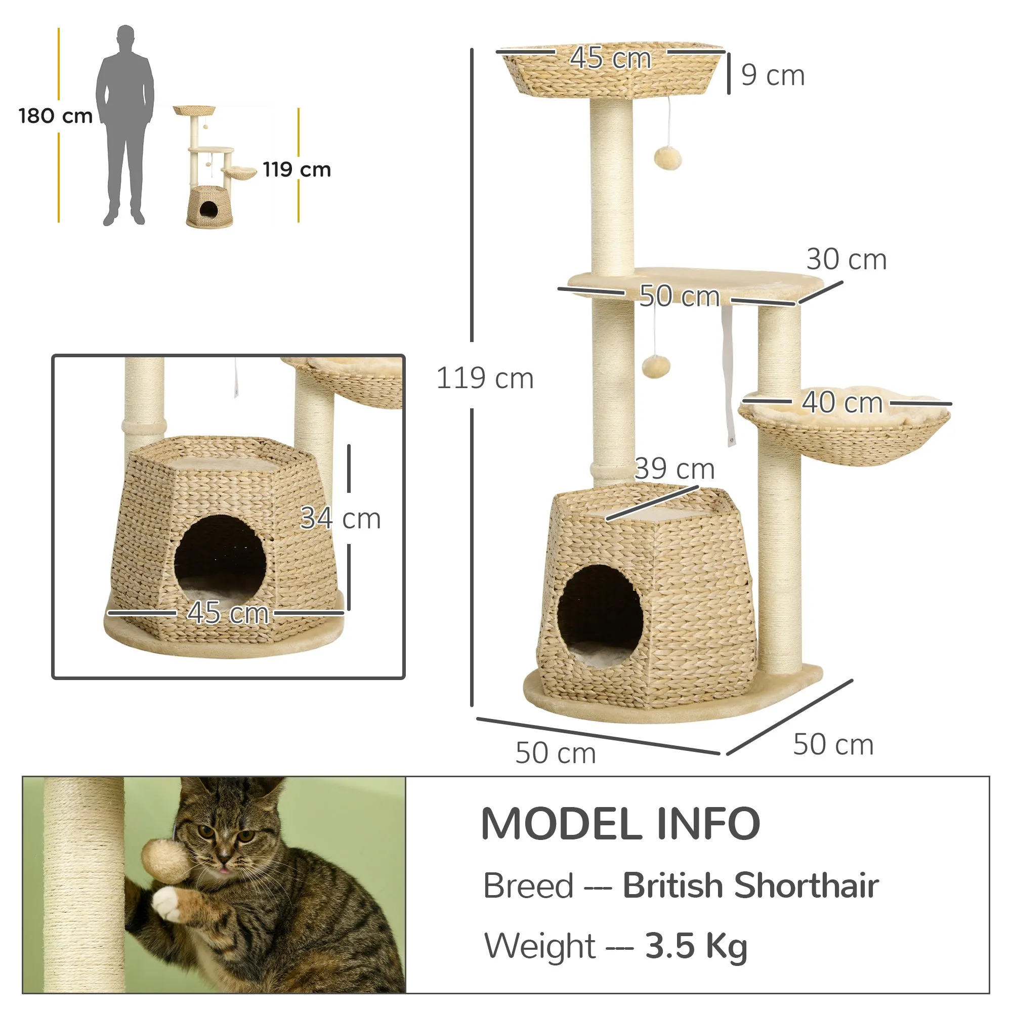 Cat Tree Tower, Climbing Activity Centre, Kitten Furniture w/ Cattail, Bed, House, Sisal Post, Hanging Ball, Natural Tone