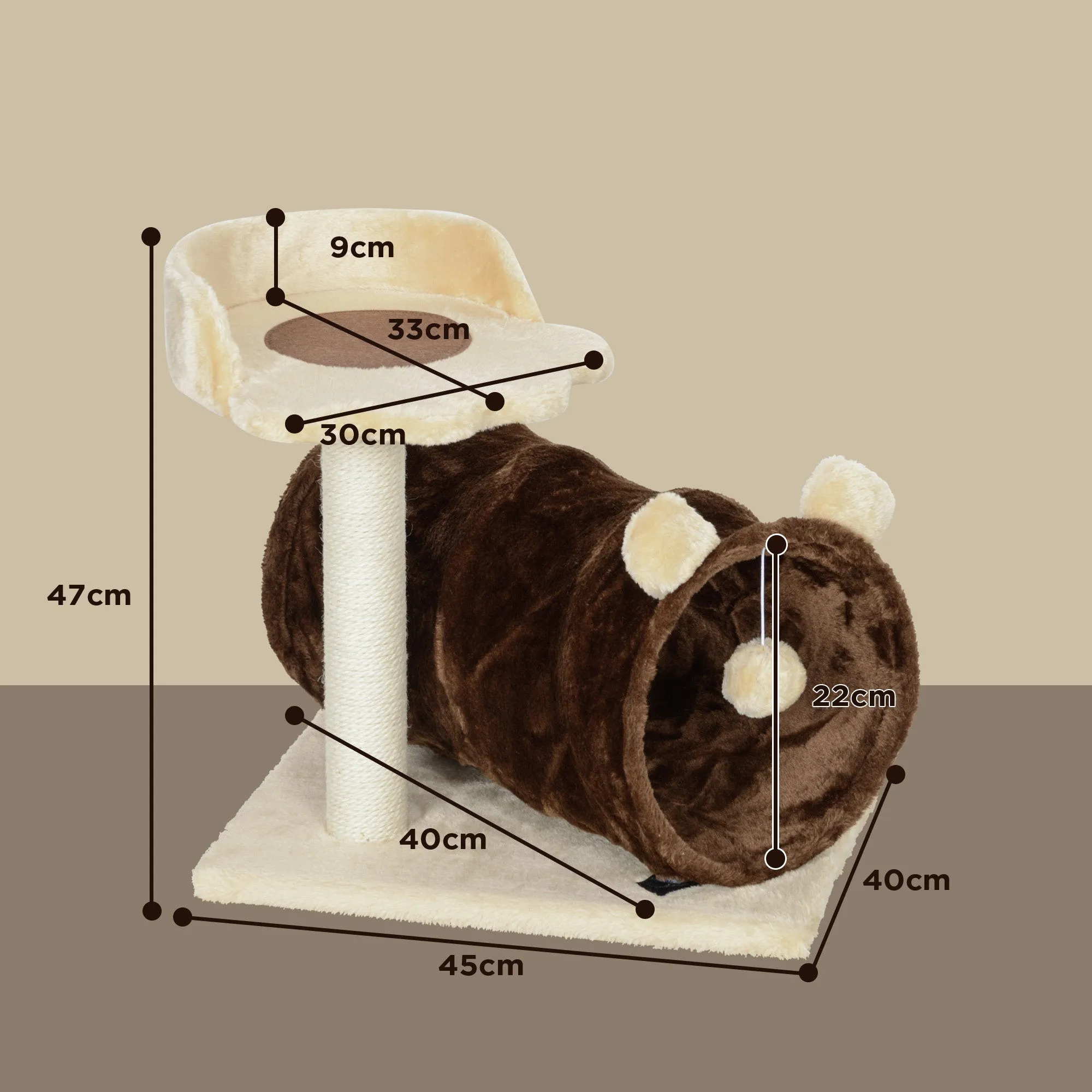 Cat Tree w/ Scratching Post, Bed, Cat Tunnel, Toy Ball, Dark Brown