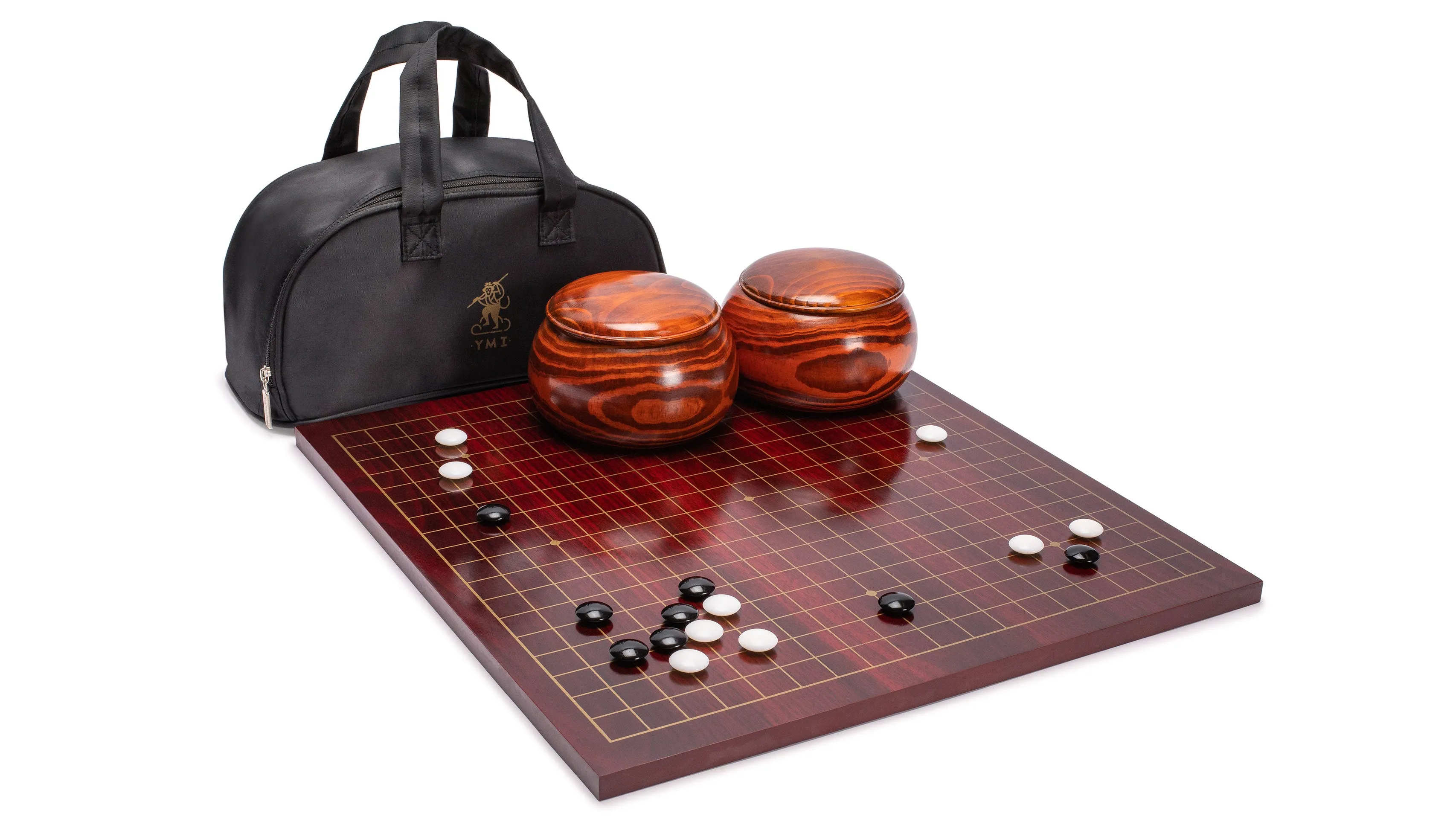 Dark Cherry Veneer 0.6-Inch Reversible Go Game Set Board with Double Convex Melamine Stones & Jujube Bowls