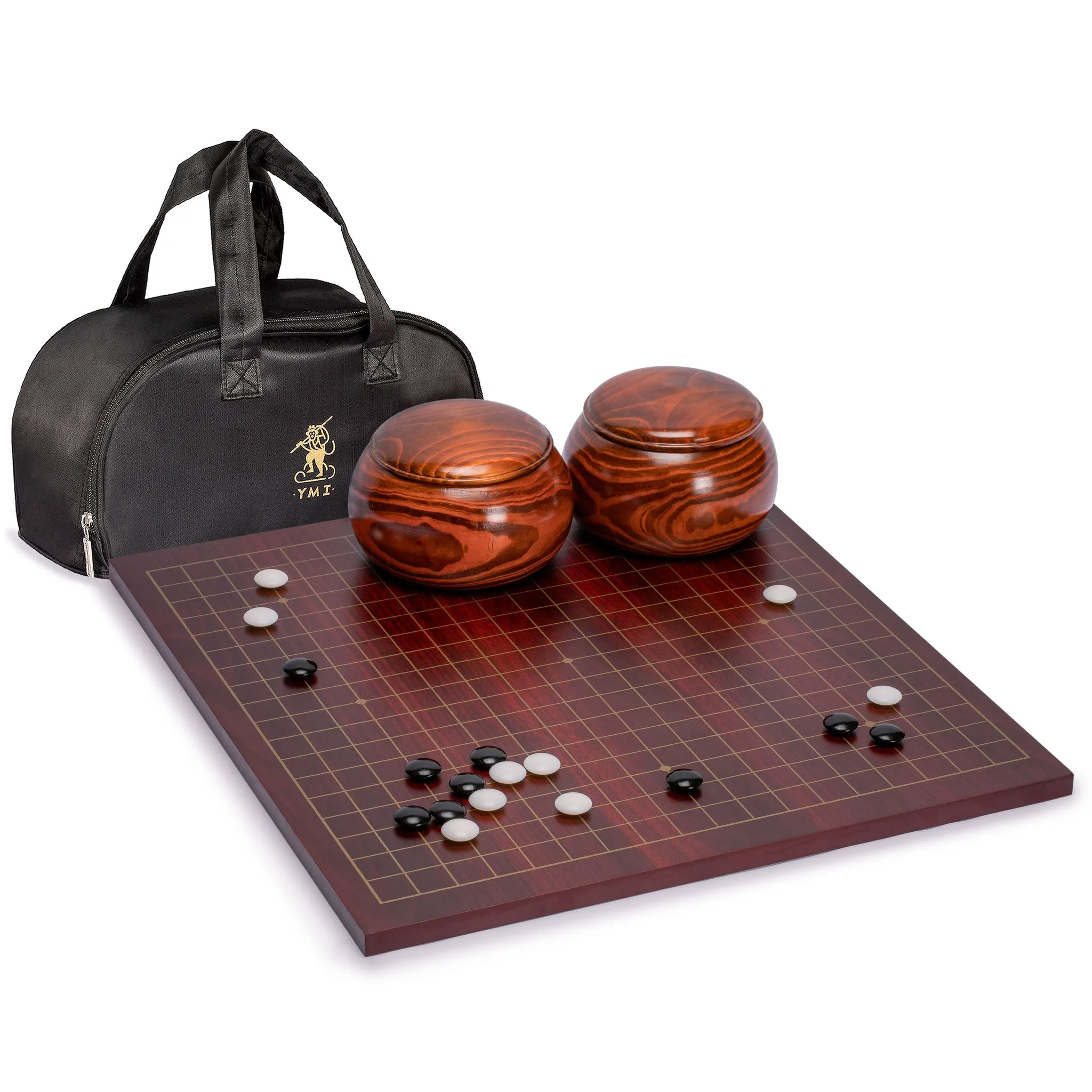 Dark Cherry Veneer 0.6-Inch Reversible Go Game Set Board with Double Convex Melamine Stones & Jujube Bowls