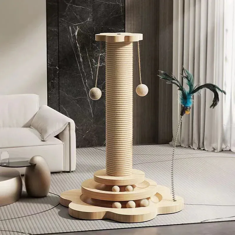 Deluxe Wooden Cat Scratching Post with Sisal and Interactive Toys