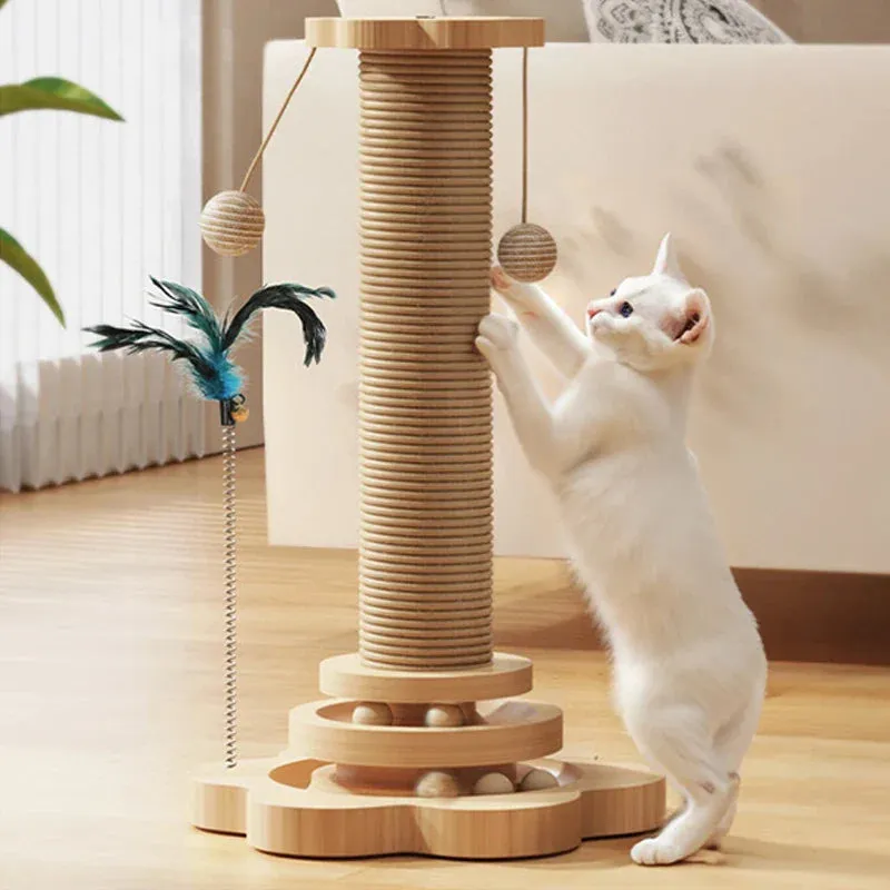 Deluxe Wooden Cat Scratching Post with Sisal and Interactive Toys