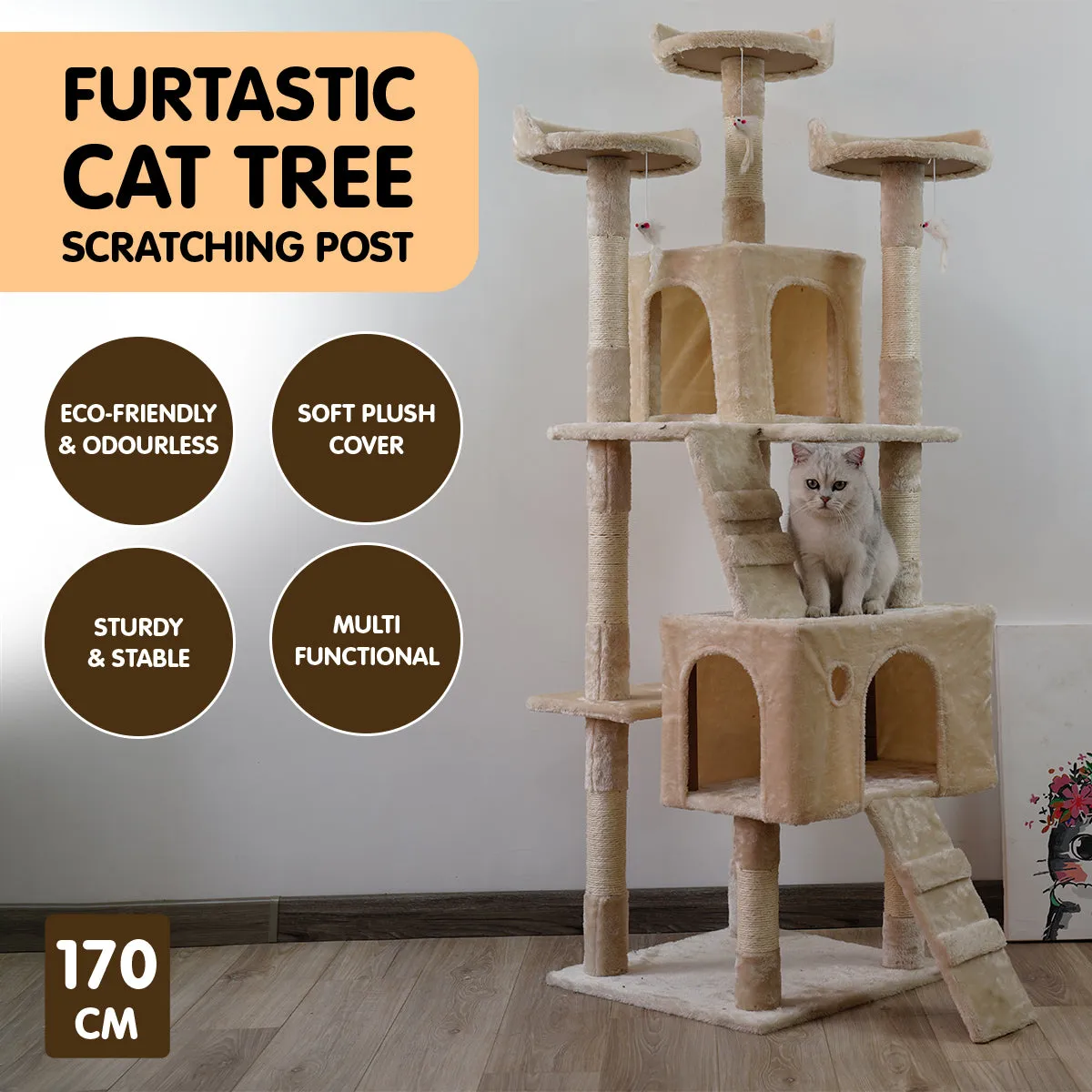 Furtastic 170cm Cat Tree Scratching Post - [Beige]