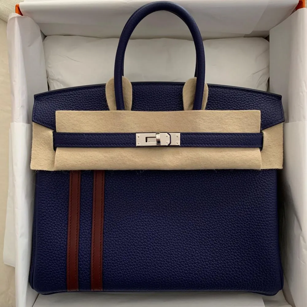 Hermès Birkin Limited Edition 25 Bleu Encre/Bordeaux Officier Togo Palladium Hardware PHW