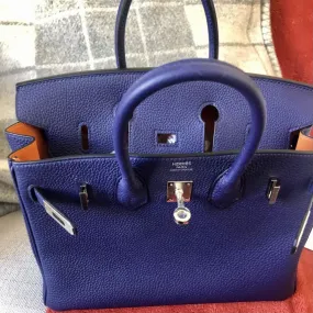 Hermès Birkin Limited Edition 25 Bleu Encre/Orange Verso Togo Palladium Hardware PHW