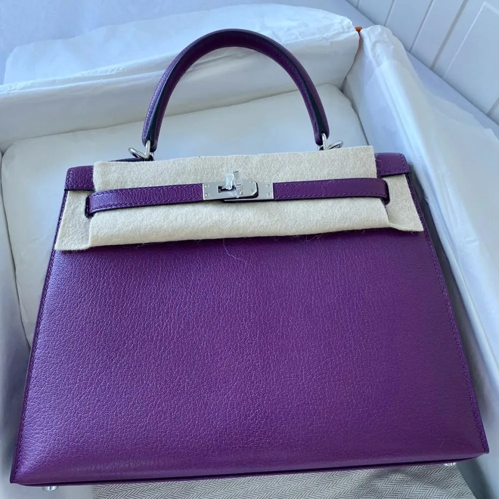 Hermès Kelly 25 Anemone Sellier Chevre Mysore Palladium Hardware PHW