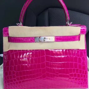 Hermès Kelly 28 Rose Sheherazade Sellier Crocodile Niloticus Lisse Palladium Hardware PHW