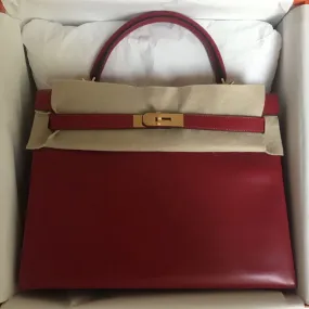 Hermès Kelly 32 Rouge Vif Tadelakt Gold Hardware GHW