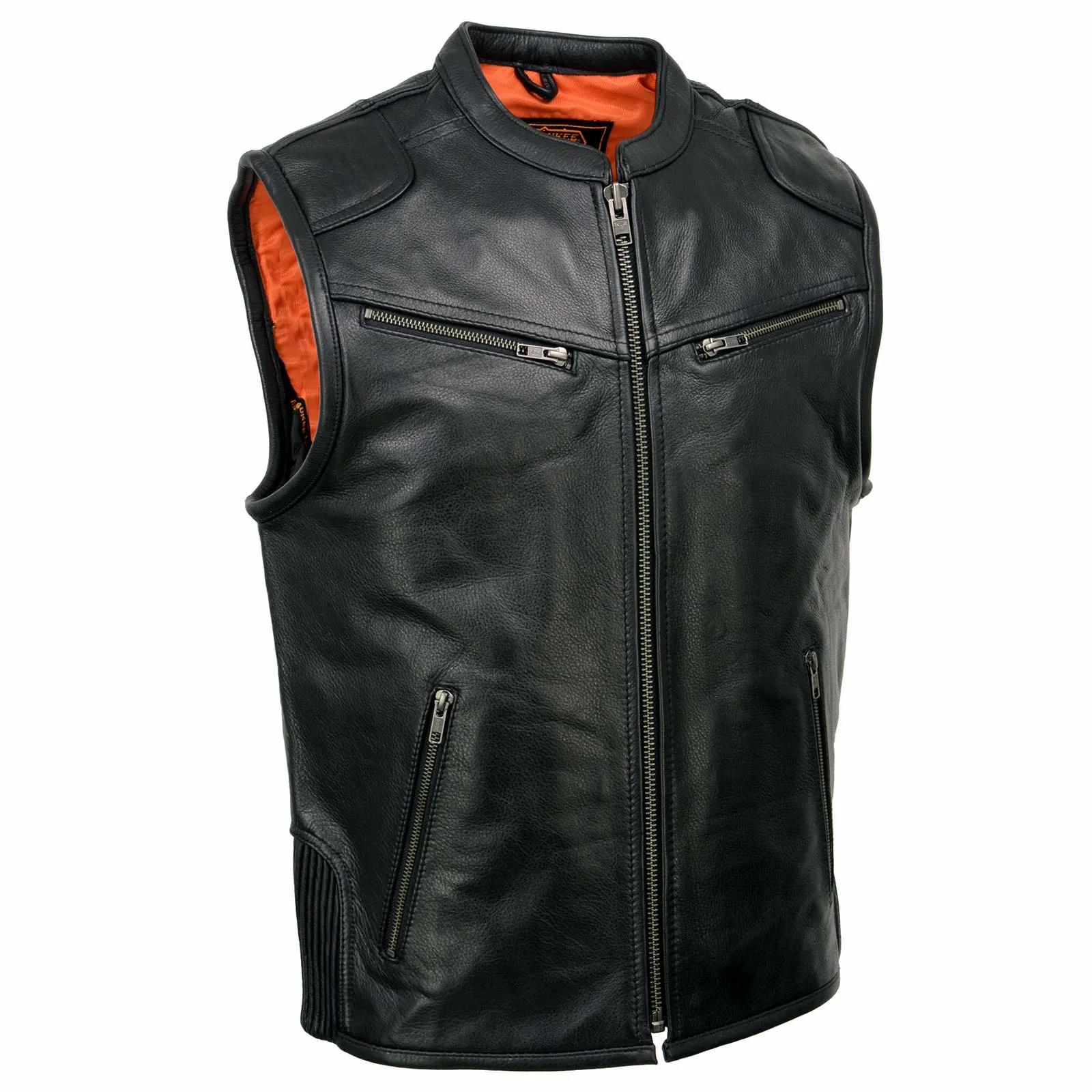 Milwaukee Leather MLM3502 Men's Black Cool-Tec Leather Vest Front Zipper Motorcycle Rider Vest with Stand-Up Collar