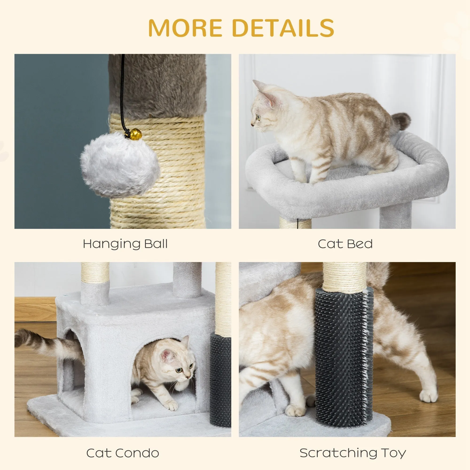 PawHut Cat Tree for Indoor Cats Climbing Tower Kitten Scratch Post Activity Center Kitten with Massage Toy Hanging Ball Bed Condo Perch 48 x 48 x 85cm Grey