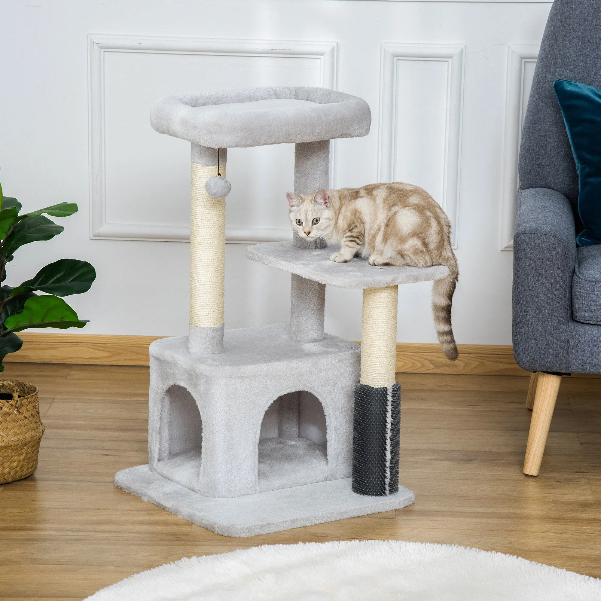 PawHut Cat Tree for Indoor Cats Climbing Tower Kitten Scratch Post Activity Center Kitten with Massage Toy Hanging Ball Bed Condo Perch 48 x 48 x 85cm Grey