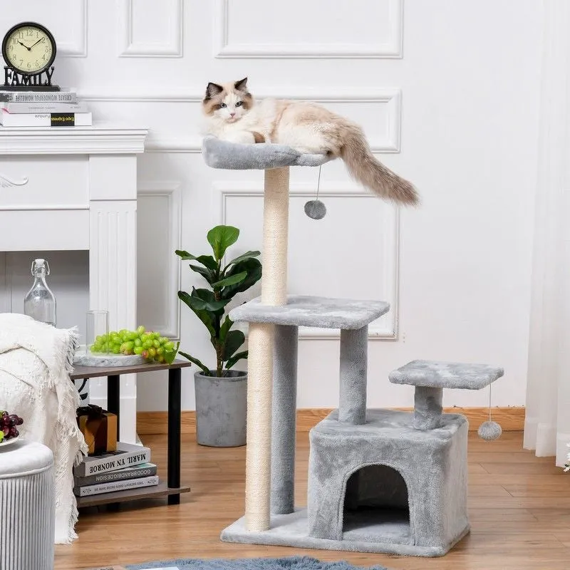 PawHut Cat Tree Tower for Indoor Cats 114cm Climbing Activity Centre Kitten with Sisal Scratching Post Perch Hanging Ball Condo Toy Light Grey