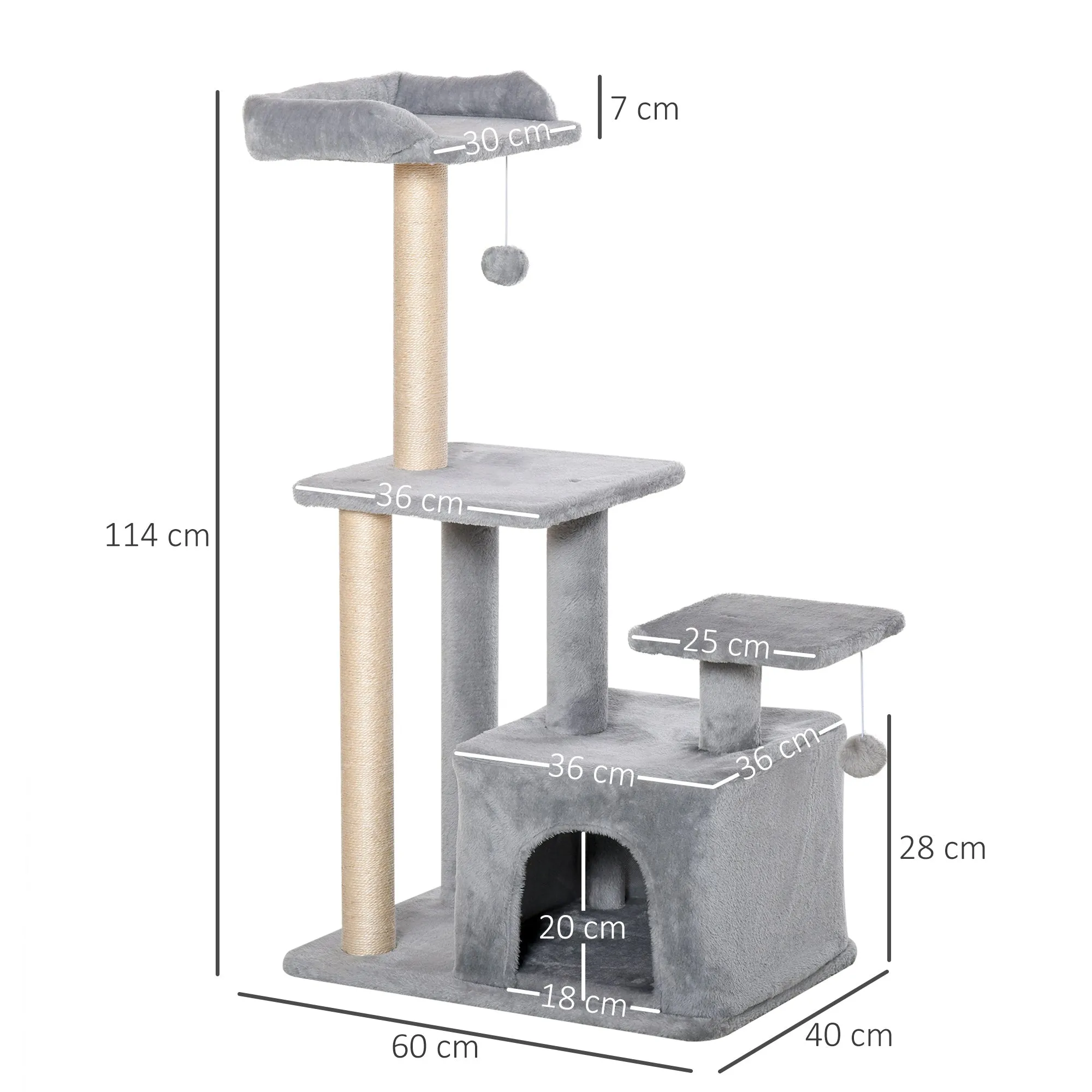 PawHut Cat Tree Tower for Indoor Cats 114cm Climbing Activity Centre Kitten with Sisal Scratching Post Perch Hanging Ball Condo Toy Light Grey