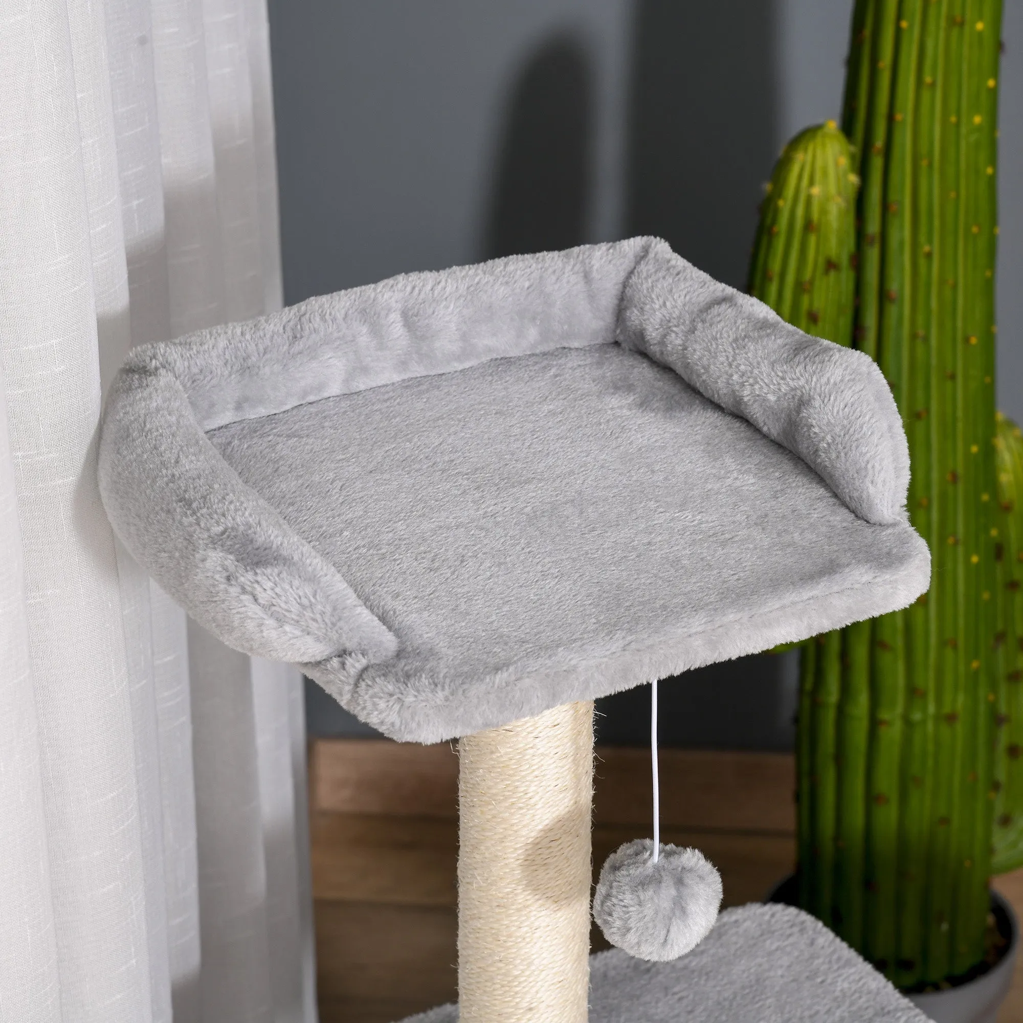 PawHut Cat Tree Tower for Indoor Cats 114cm Climbing Activity Centre Kitten with Sisal Scratching Post Perch Hanging Ball Condo Toy Light Grey