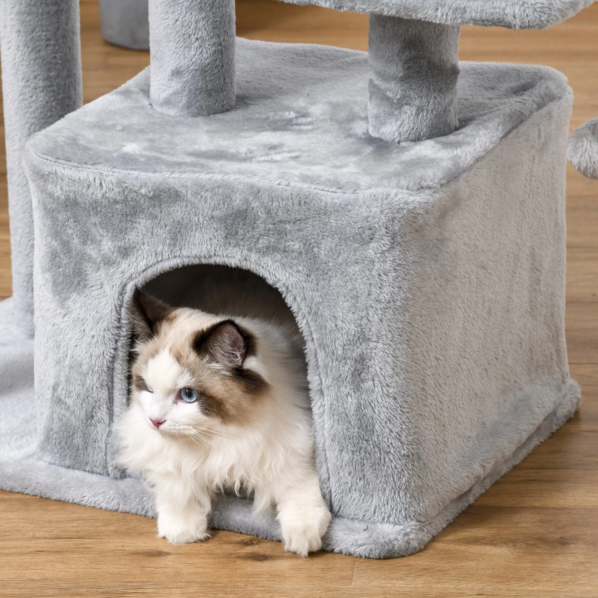 PawHut Cat Tree Tower for Indoor Cats 114cm Climbing Activity Centre Kitten with Sisal Scratching Post Perch Hanging Ball Condo Toy Light Grey