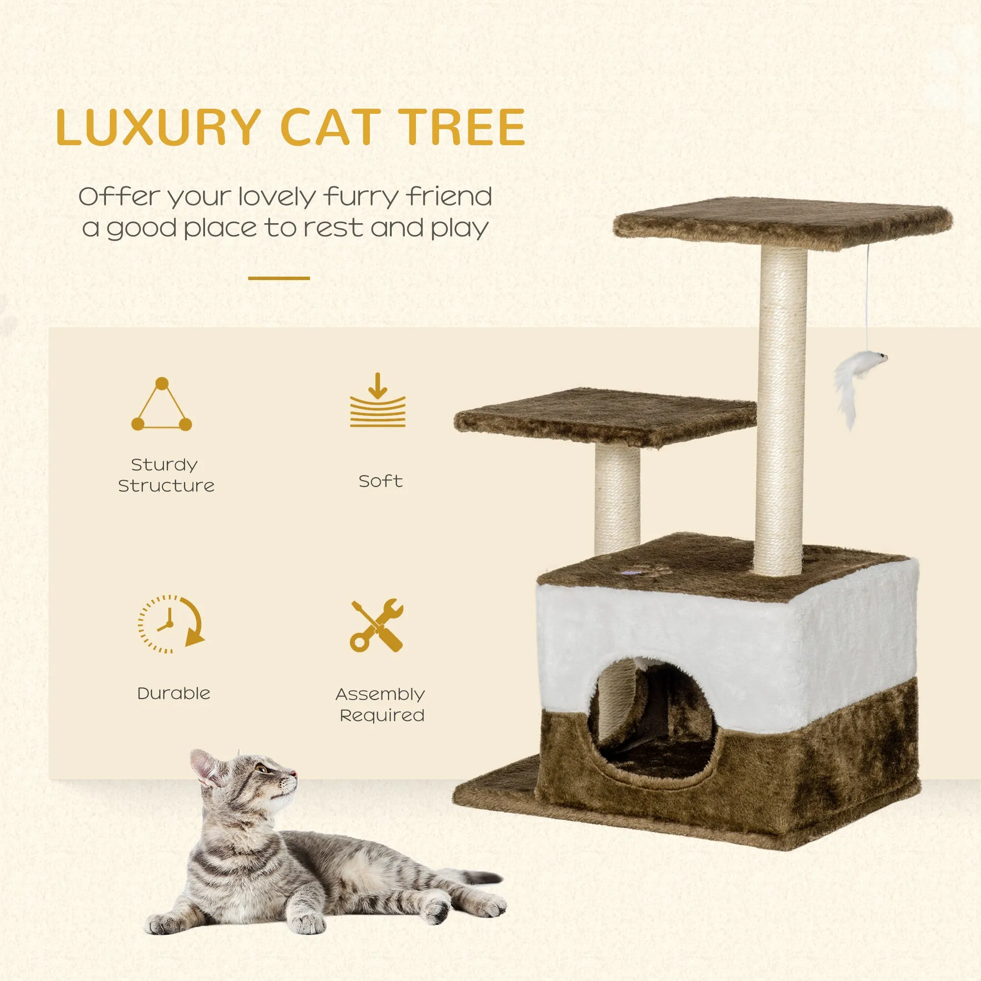 PawHut Cat Tree Tower Kitten House Scratching Posts with Condo Perch Interactive Mouse Toy