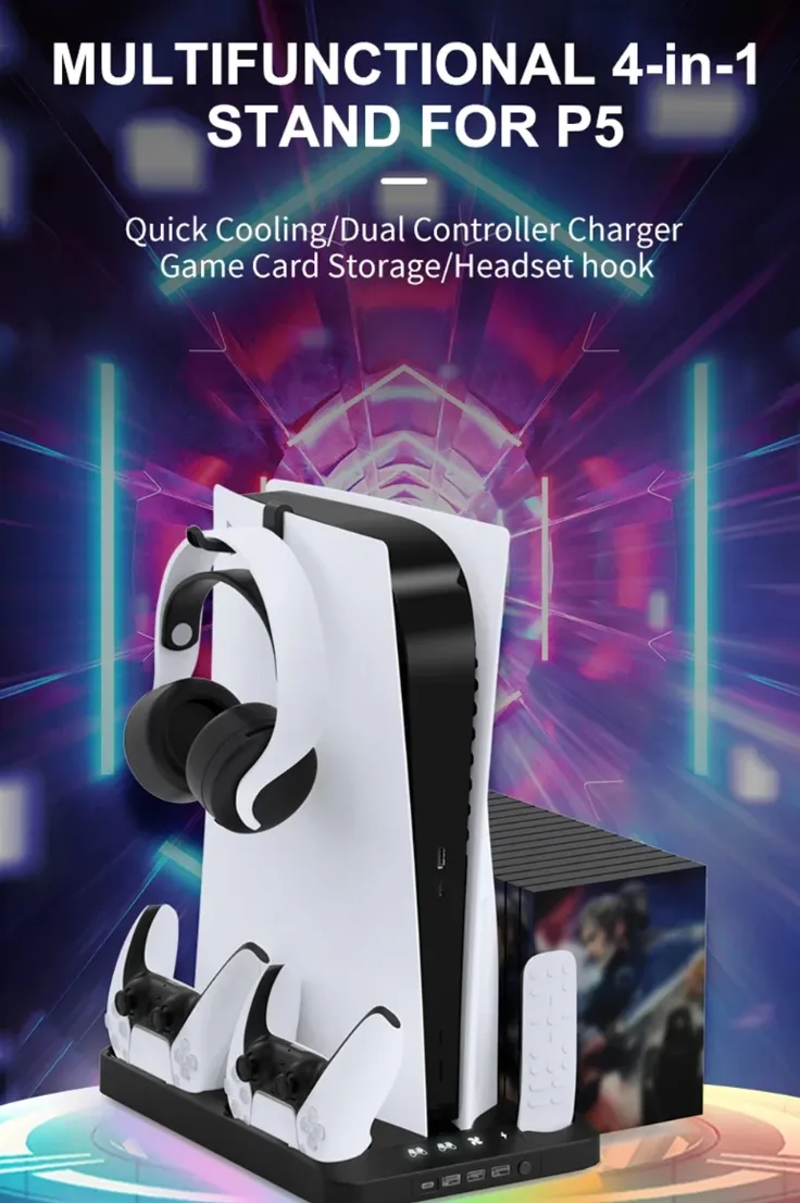 PS5 Cooling Stand with LED Cooling Fan & Dual Controller Charger - Game Accessories