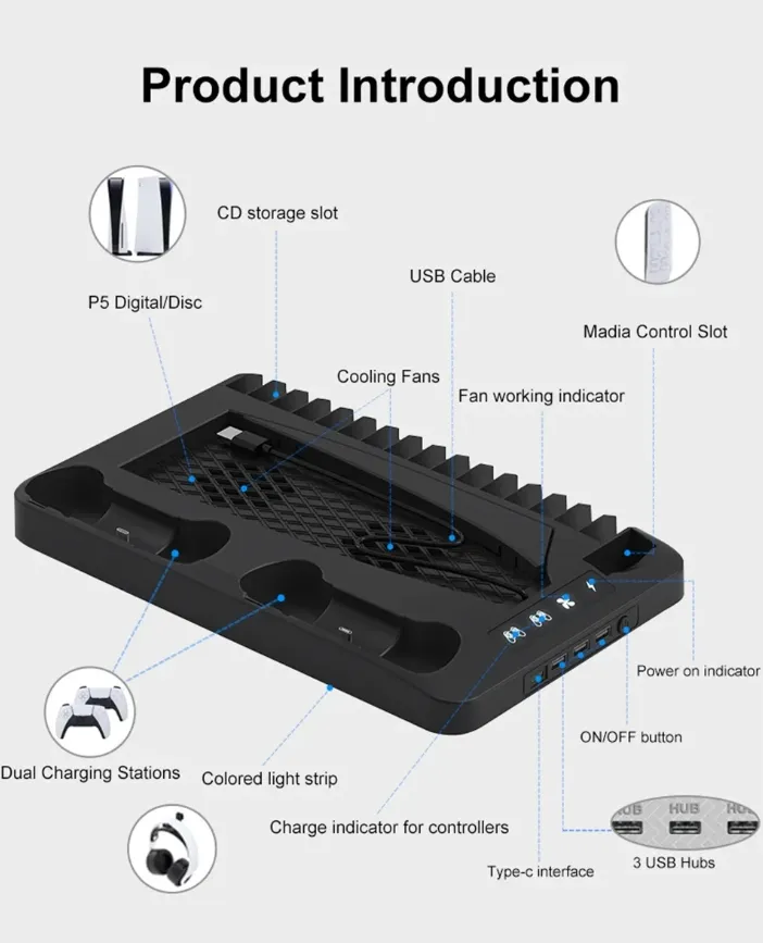 PS5 Cooling Stand with LED Cooling Fan & Dual Controller Charger - Game Accessories