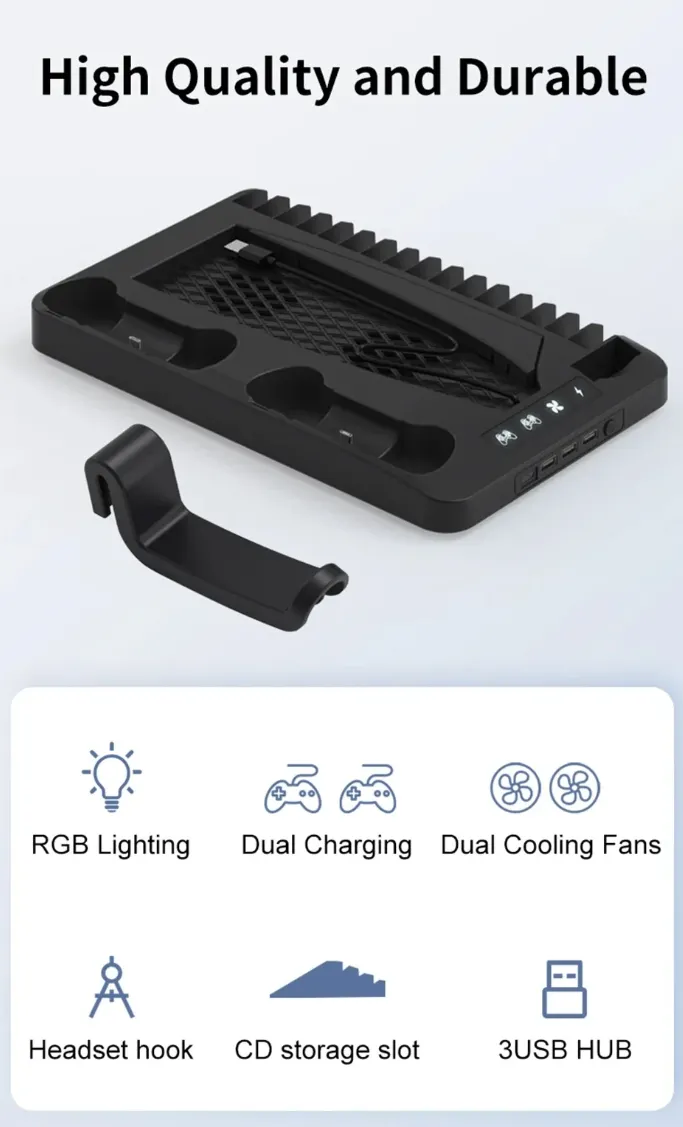 PS5 Cooling Stand with LED Cooling Fan & Dual Controller Charger - Game Accessories