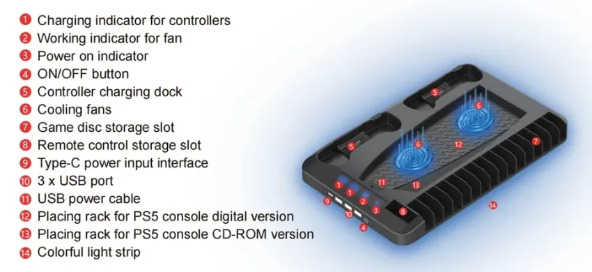 PS5 Cooling Stand with LED Cooling Fan & Dual Controller Charger - Game Accessories