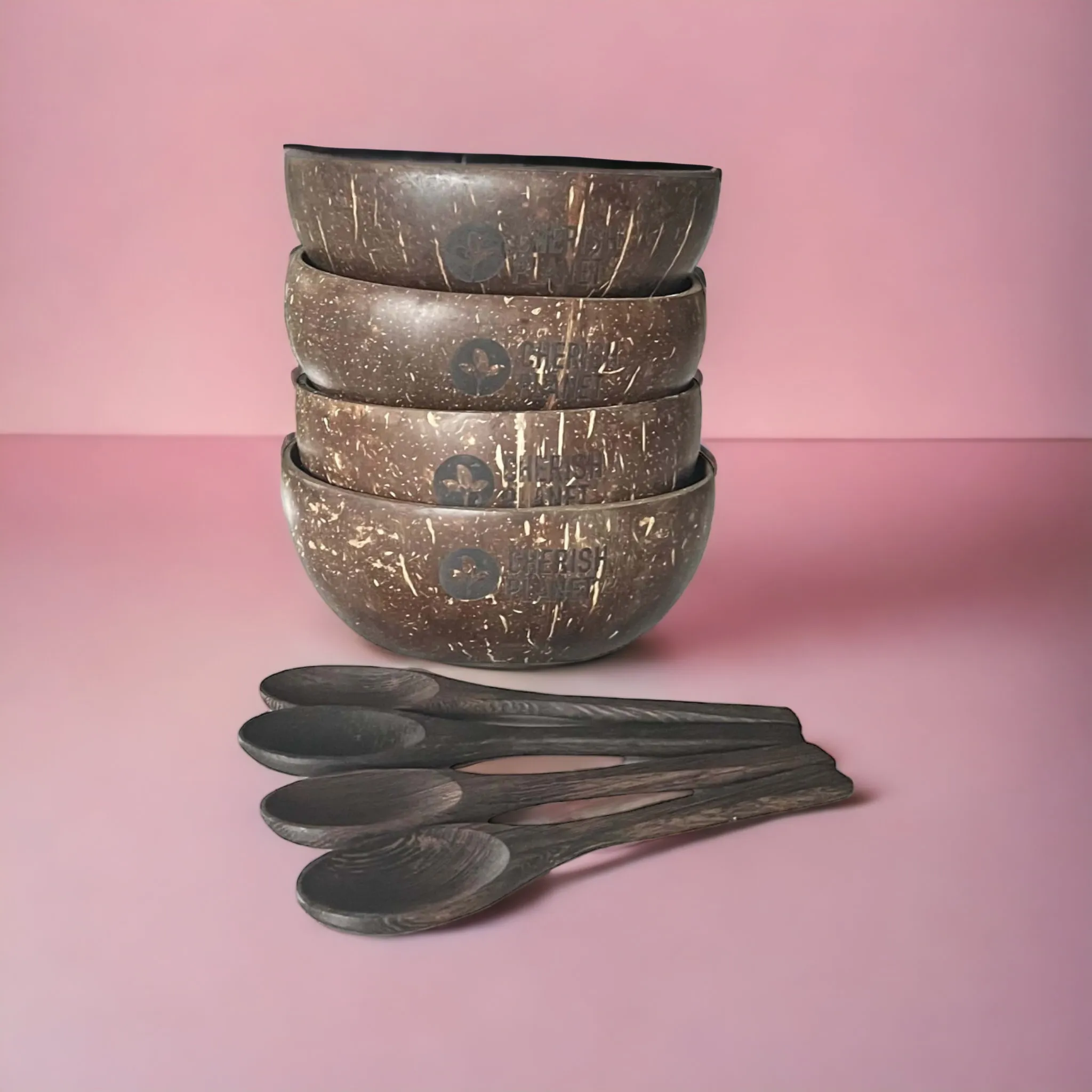 Real Coconut Shell Bowls with Wooden Spoons