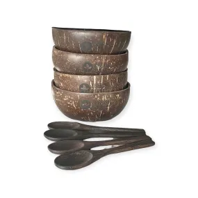 Real Coconut Shell Bowls with Wooden Spoons