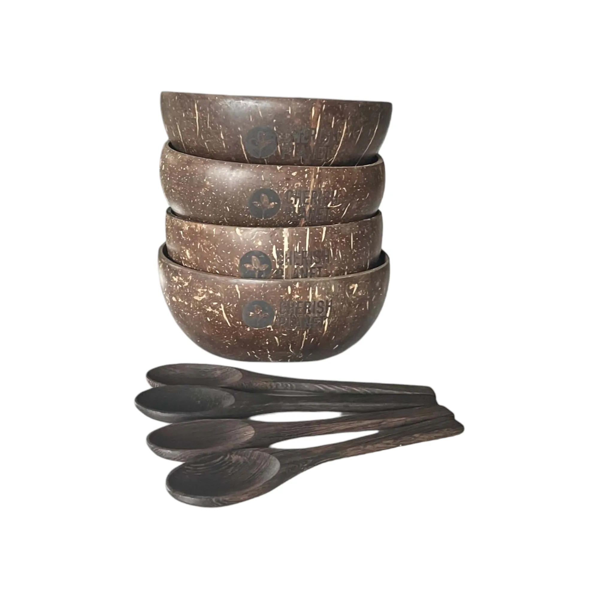 Real Coconut Shell Bowls with Wooden Spoons