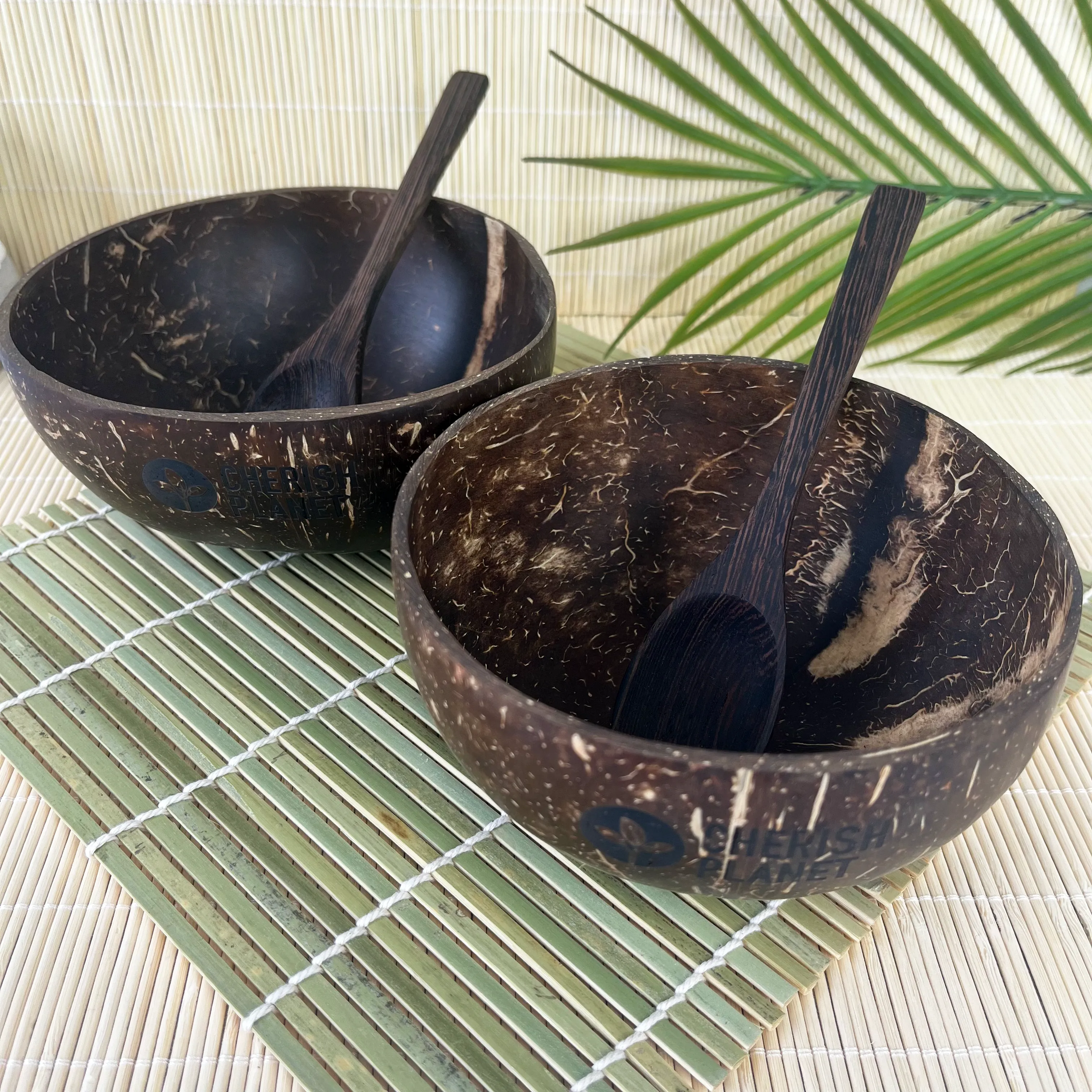 Real Coconut Shell Bowls with Wooden Spoons