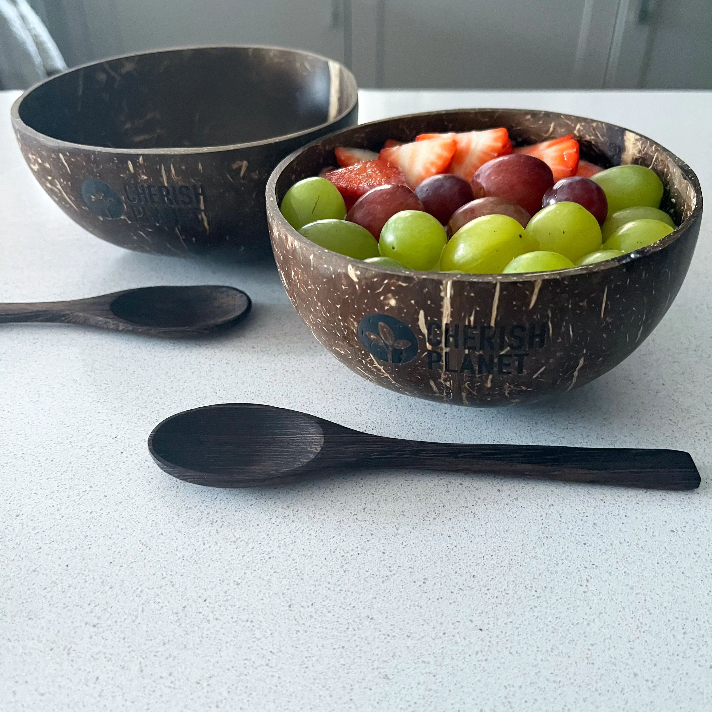 Real Coconut Shell Bowls with Wooden Spoons