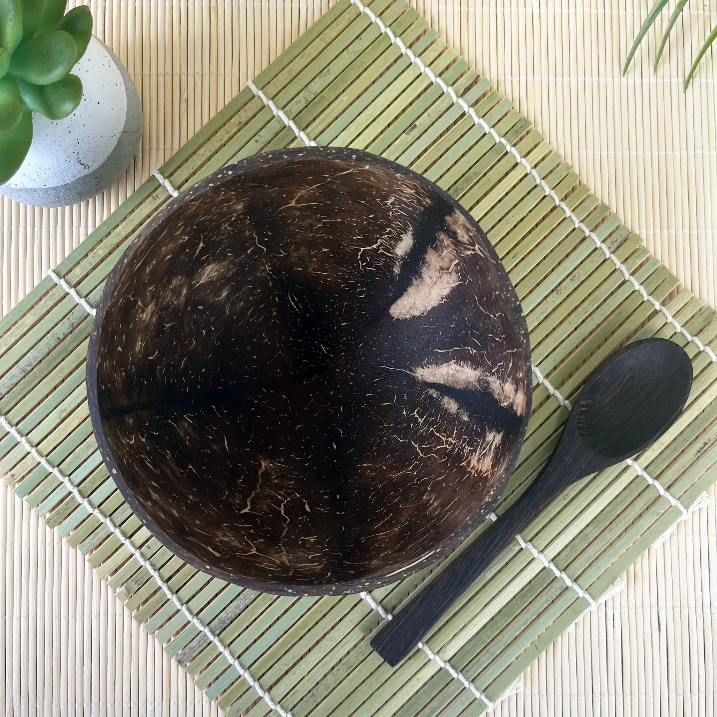 Real Coconut Shell Bowls with Wooden Spoons