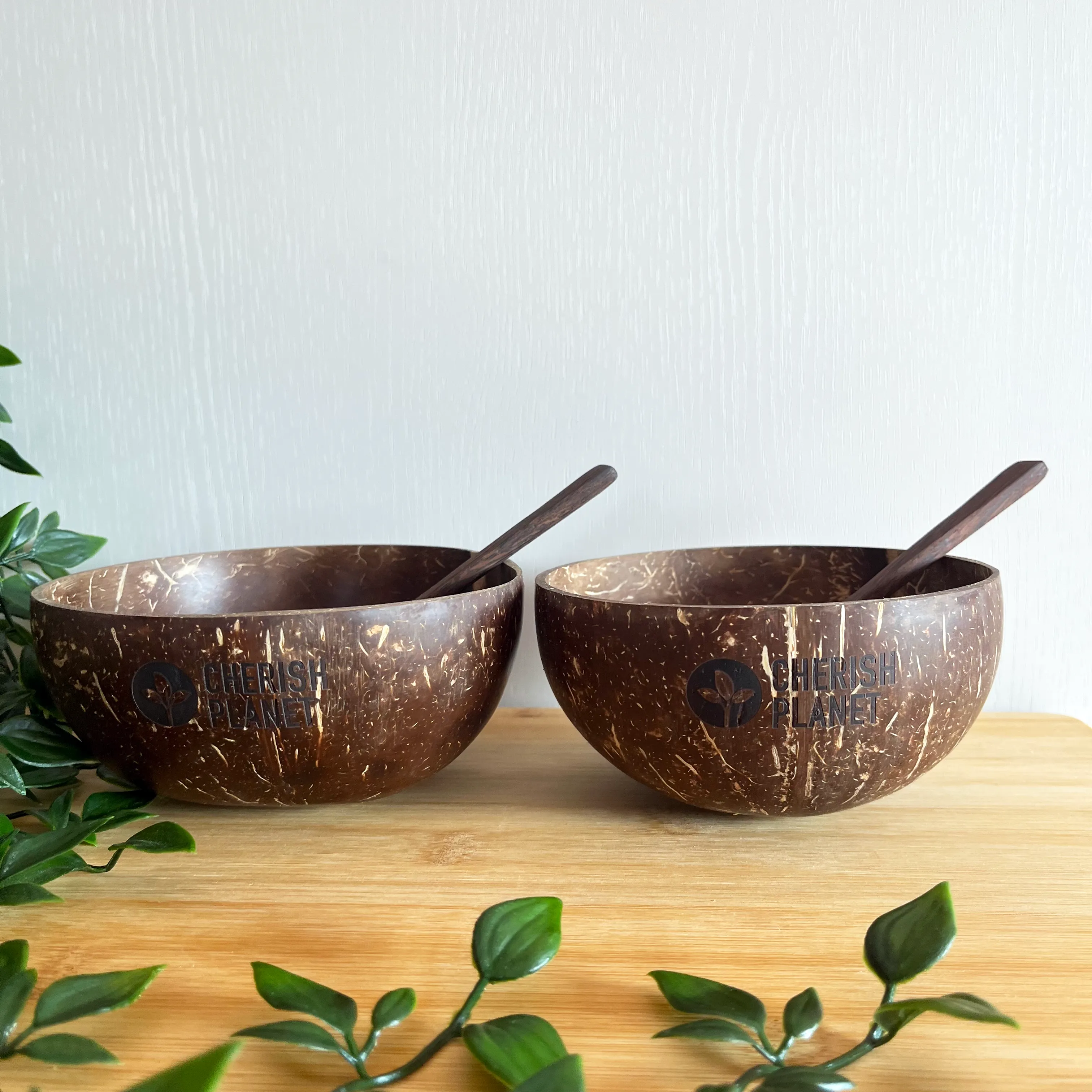 Real Coconut Shell Bowls with Wooden Spoons