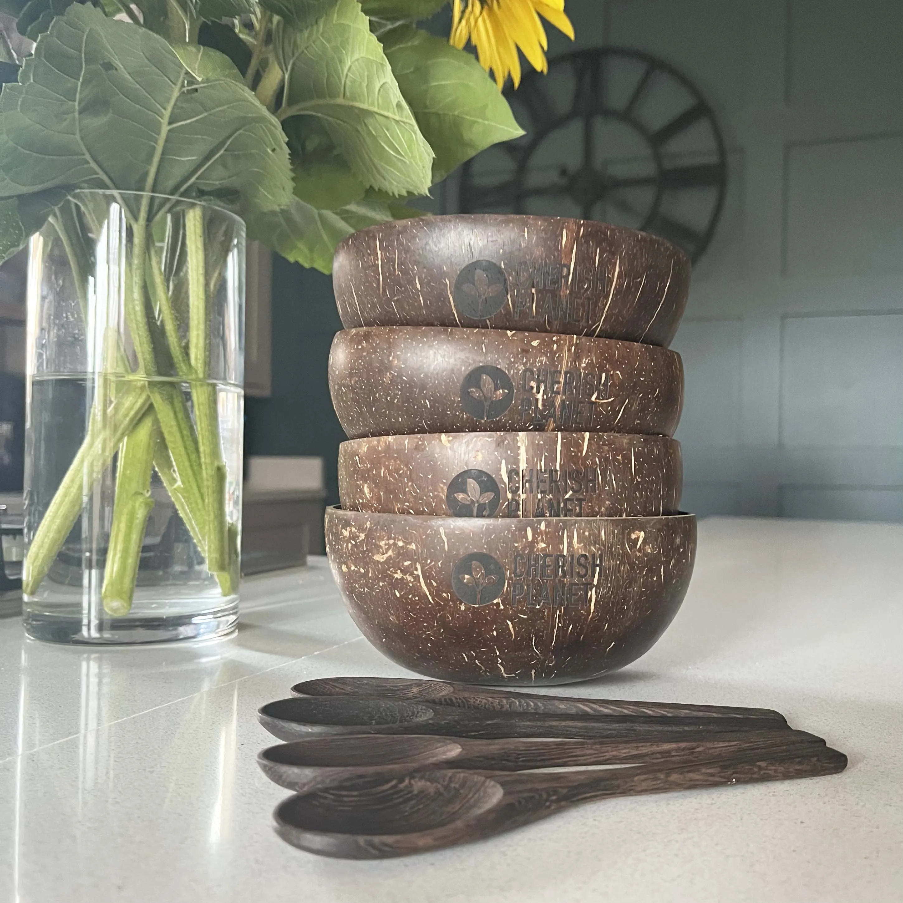 Real Coconut Shell Bowls with Wooden Spoons