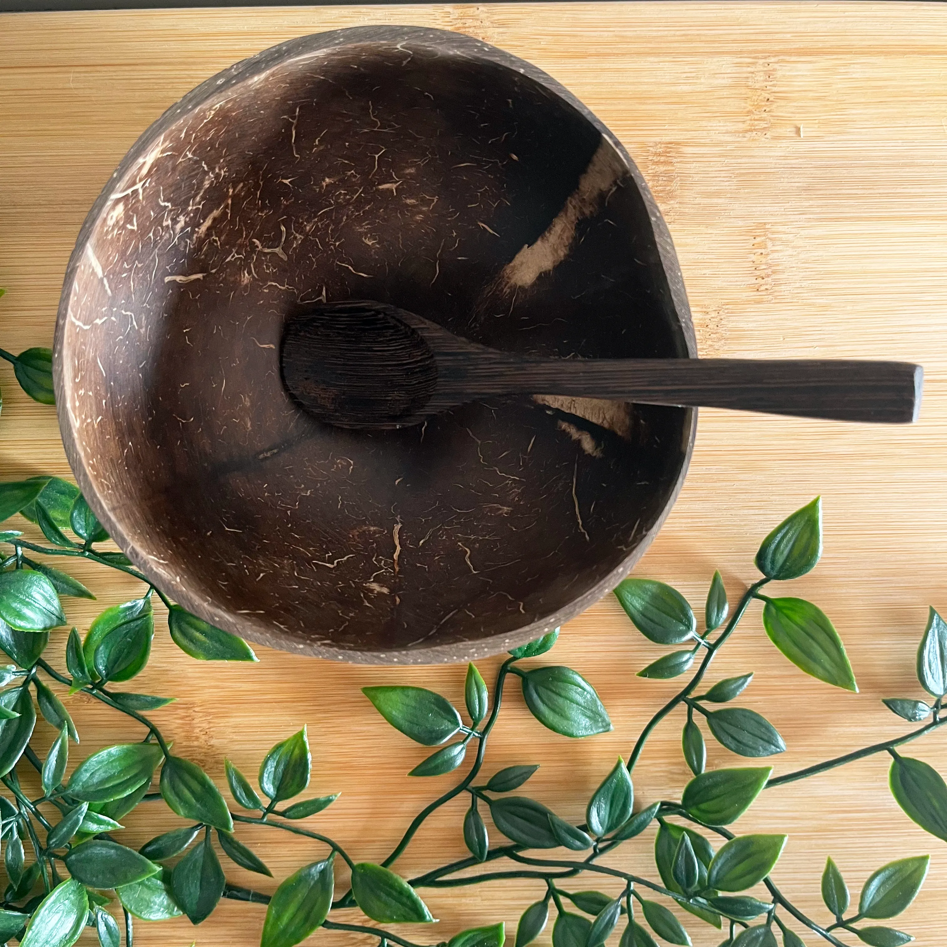 Real Coconut Shell Bowls with Wooden Spoons